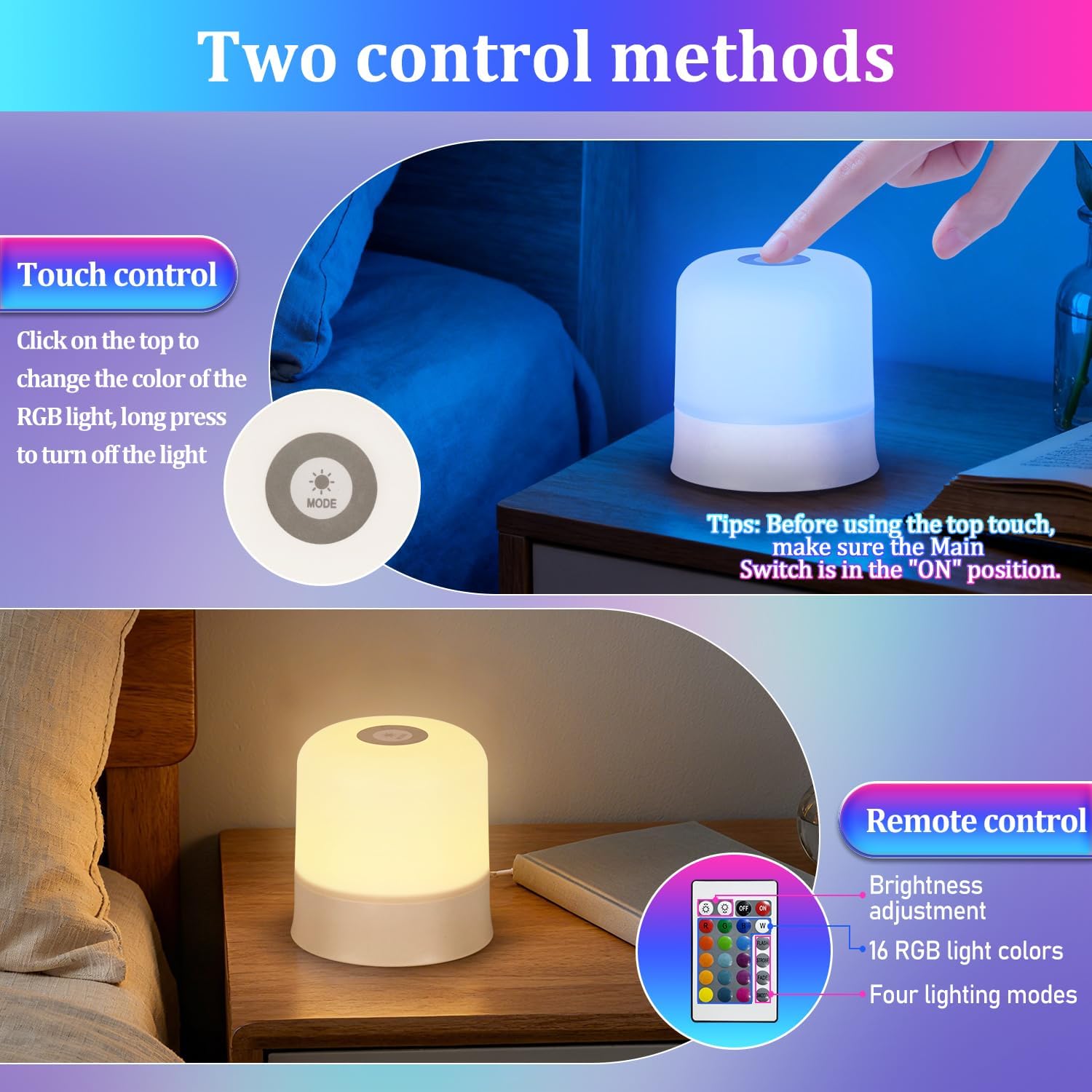 Night Light Bedside Lamp with Touch and Remote Control, 13 RGB Colors Changing 5 Brightness Dimmable Table lamp, Rechargeable Portable Desk Lamp for Baby Kids Nursery Bedroom Outdoor Camping