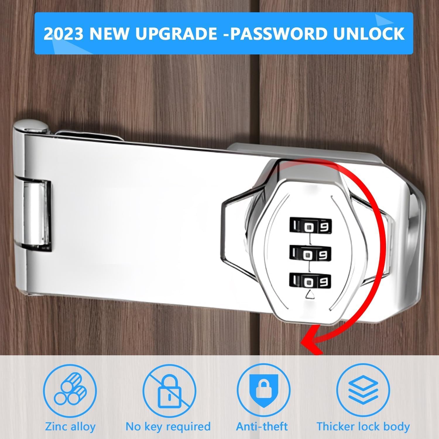 Kshavi Keyless Cabinet Lock 3-Digit Password Combination Code Hasp Latch Door Security Slide Latch for Locker, Fence, Bathroom, Outdoor, Garden (Silver, 4 Inch) 4