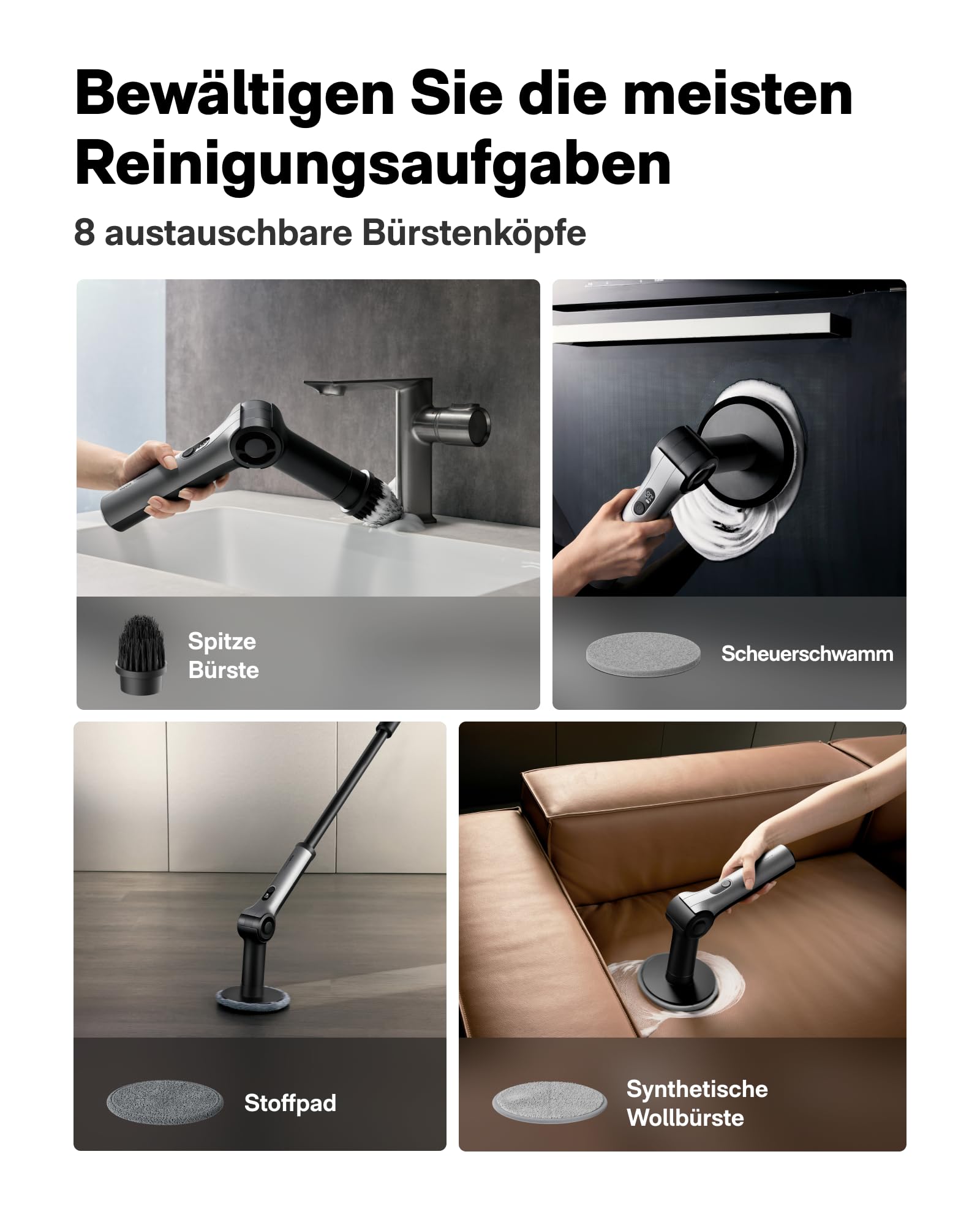 HOTO Flexi Elektrische Reinigungsbürste mit LED-Anzeige, Verstellbarer Winkel, IPX7, 8 Wechselbürstenköpfe
