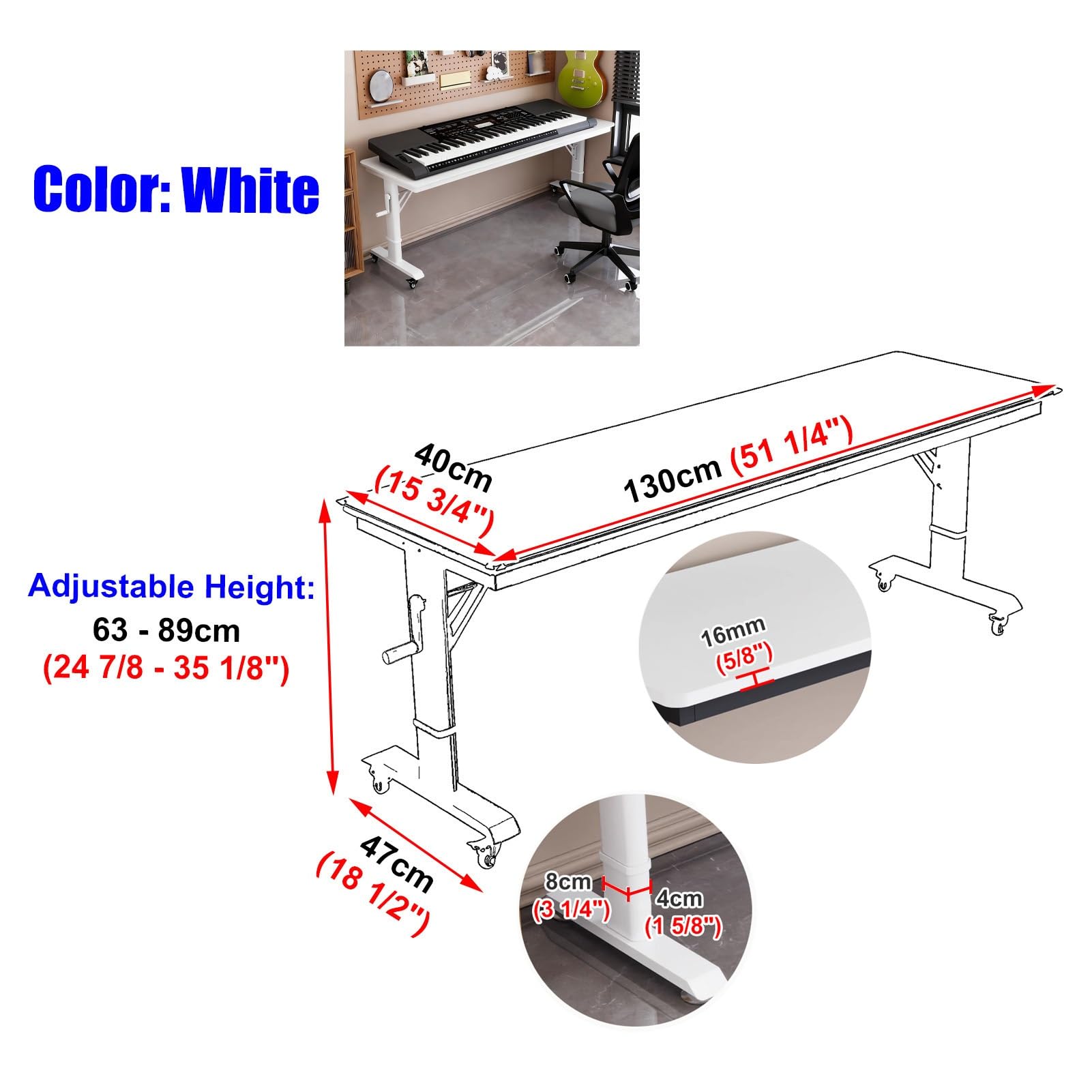 Supporto Tastiera Musicale Pianoforte Bianco Regolabile in Altezza, Supporto Mobile Moderno per Pianoforte con Ruote, Supporto per Tastiera Elettronica per Home Studio, Kit Universale(130cm (51 1/4"))