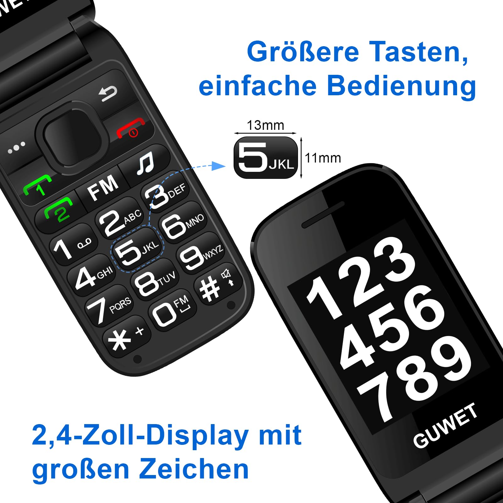Seniorenhandy Klapphandy ohne Vertrag,Dual SIM 2G GSM mit SOS-Notruftaste,Rentner Handy Großen Tasten mit 1600mAh Akku,USB-C,2.4"+1.77" Dual Display,Rot