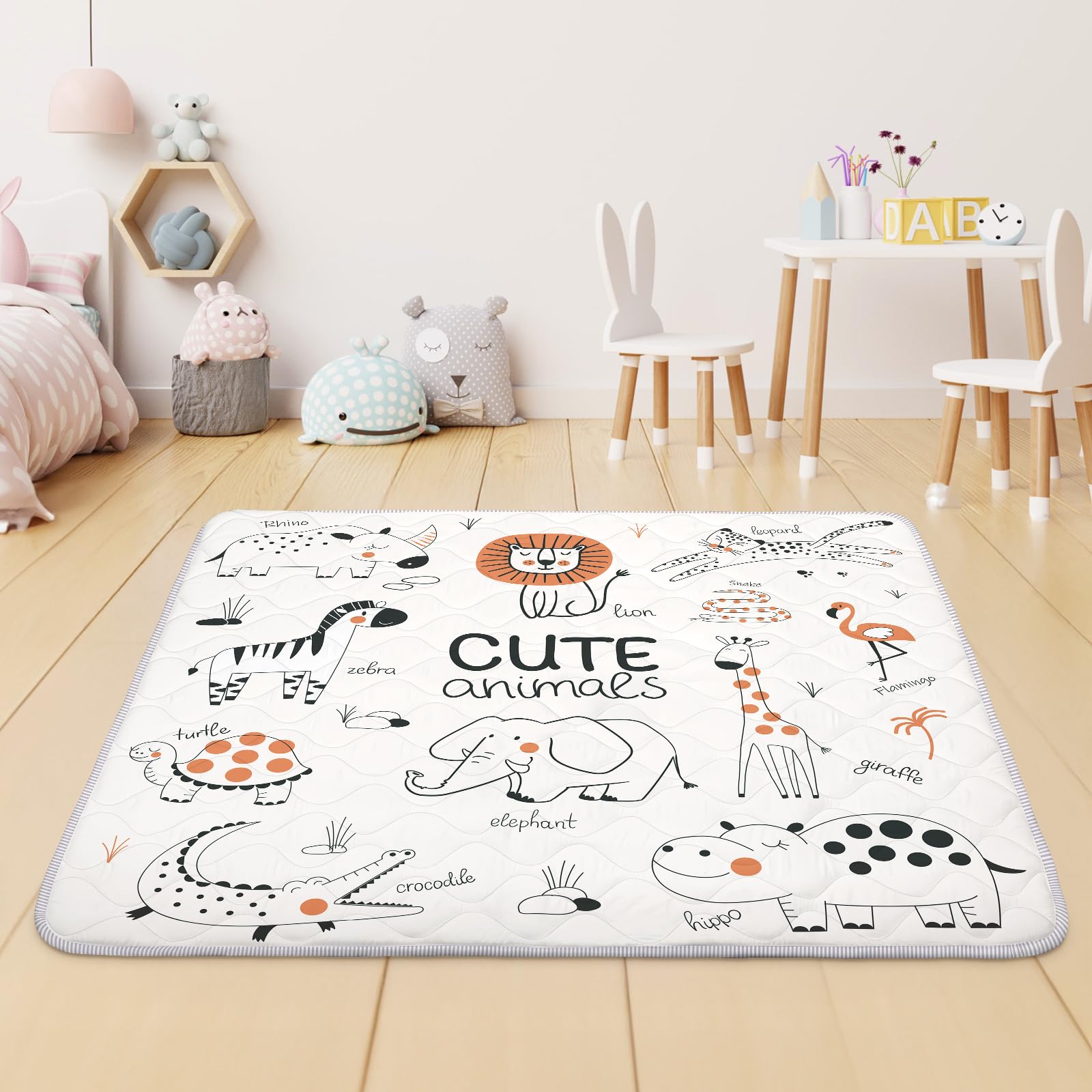 Tappetino per Giochi Bambino 127 * 127cm, Tappeto Attività Morbido con Imbottitura Spessa per Tempo a Pancia in Giù, Base Antiscivolo Sicura per Gattonamento, Animali linea