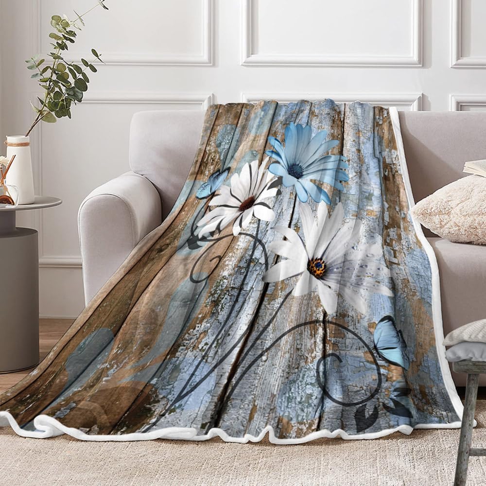 JAWO Farmhouse Flower Floral Throw Blanket, Rustic Blue Daisy Fleece Cozy Warm Bed Couch Blanket, Country Blue Brown Fleece Flannel Throws to Decorate The Room and Bedroom Warm Blanket 50X60IN - Image 3