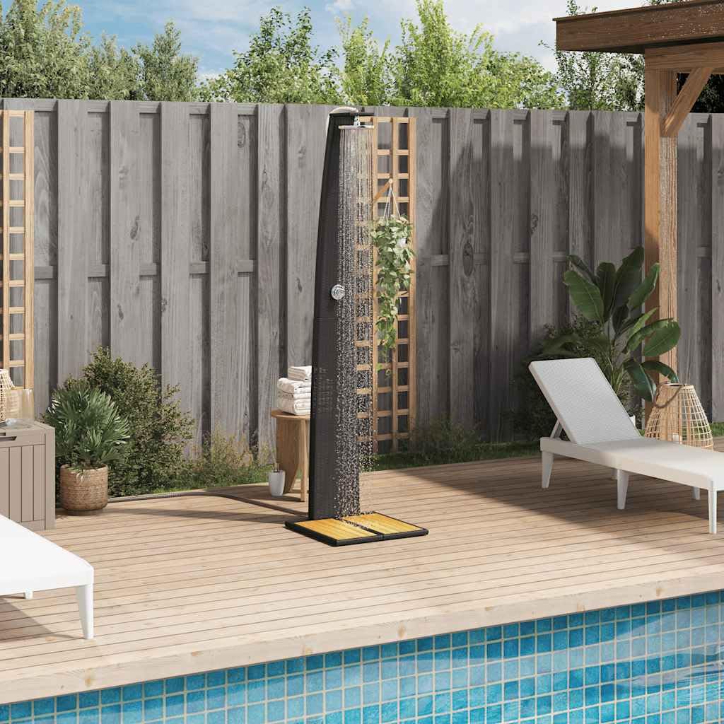 Doccia da giardino nera in polyrattan e legno di acacia, 55 x 60 x 224 cm, con telaio in acciaio verniciato a polvere, per giardino, esterni, terrazza, estate, spa, vasca idromassaggio
