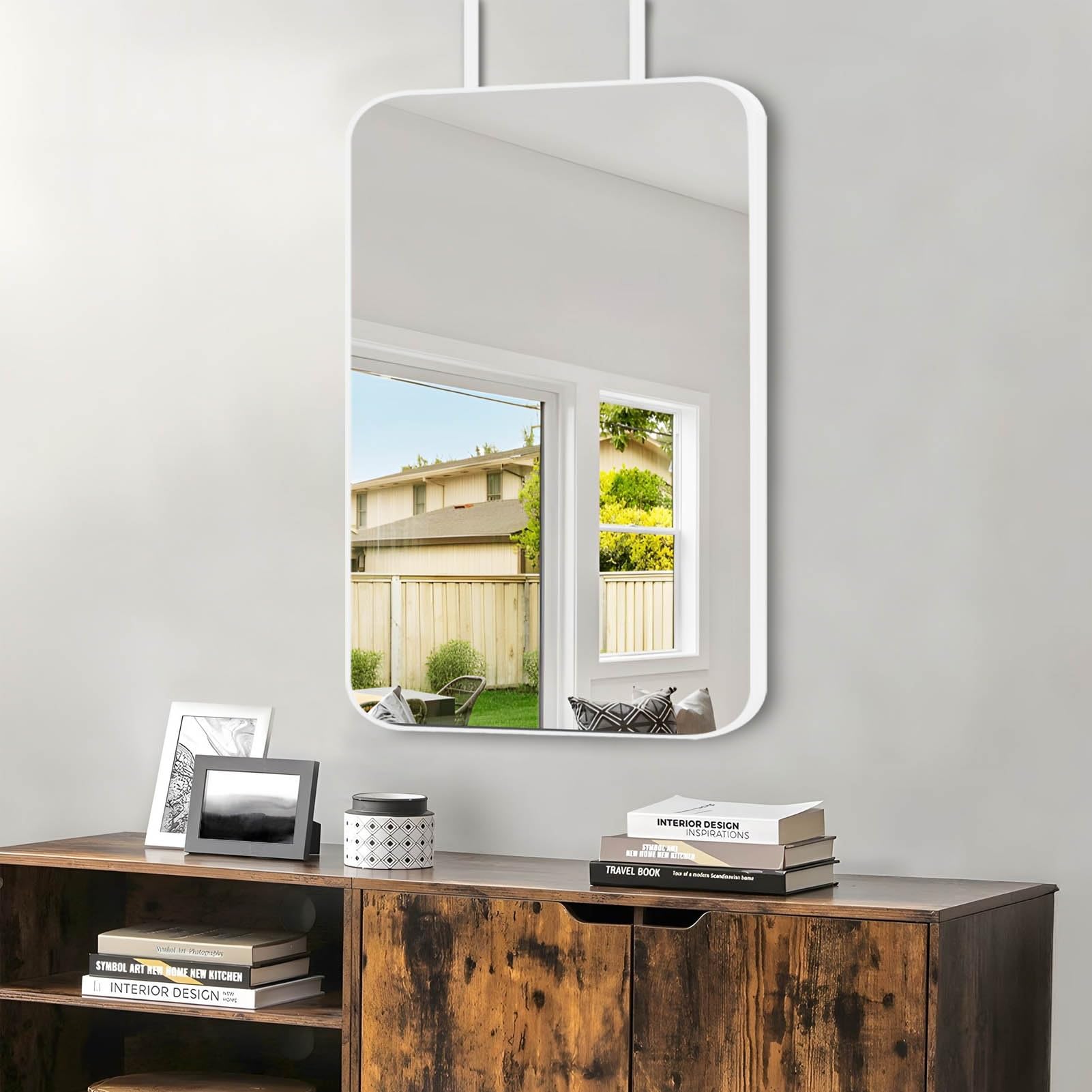 ITOSUI Rectangular Suspended Makeup Mirror, White Metal Frame Mirror for Ceiling Bathroom Mirror Bedroom Living Room Entryway Home Decor - Customizable(50cmx70cm)
