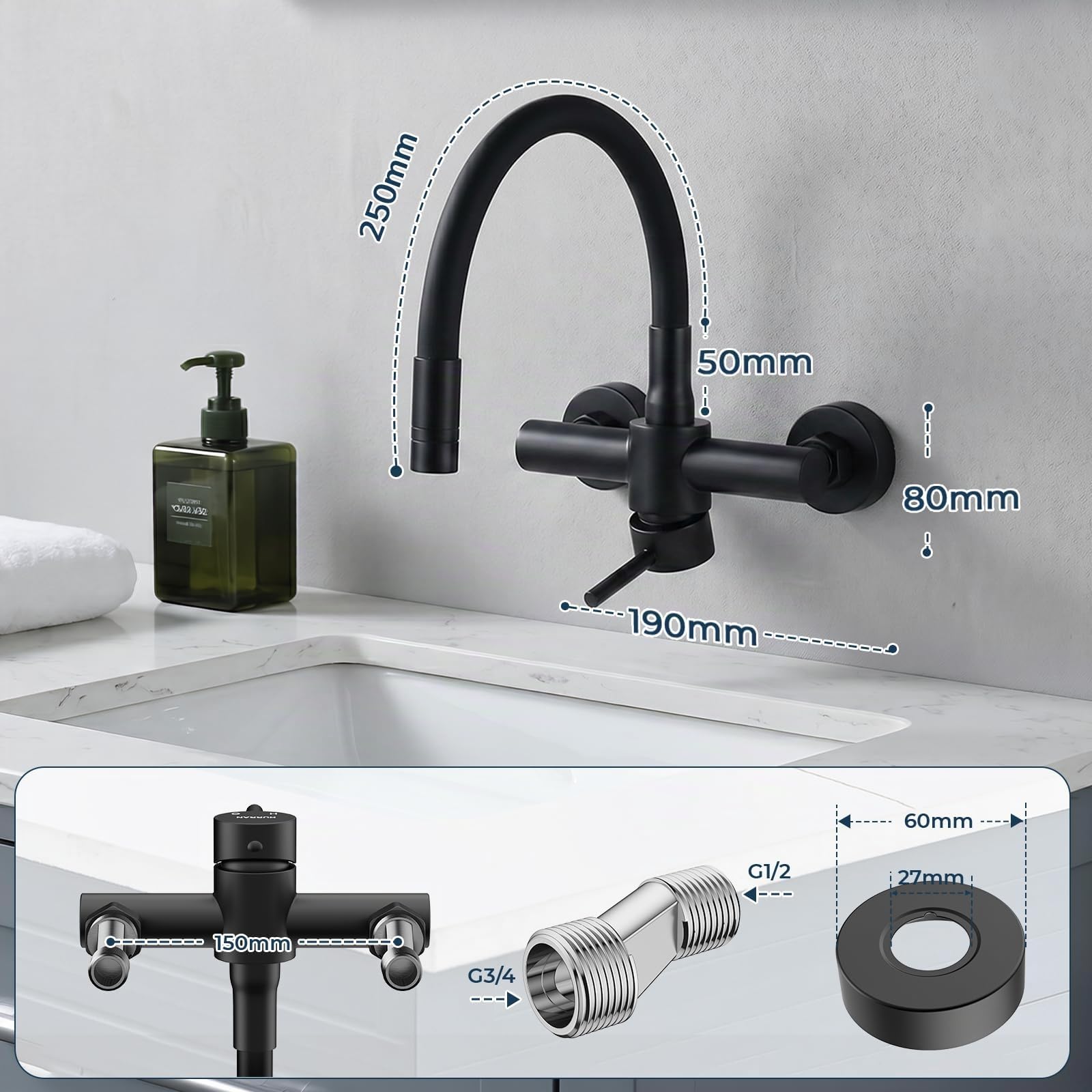 HURRAN Grifo Cocina Pared Negro Mate