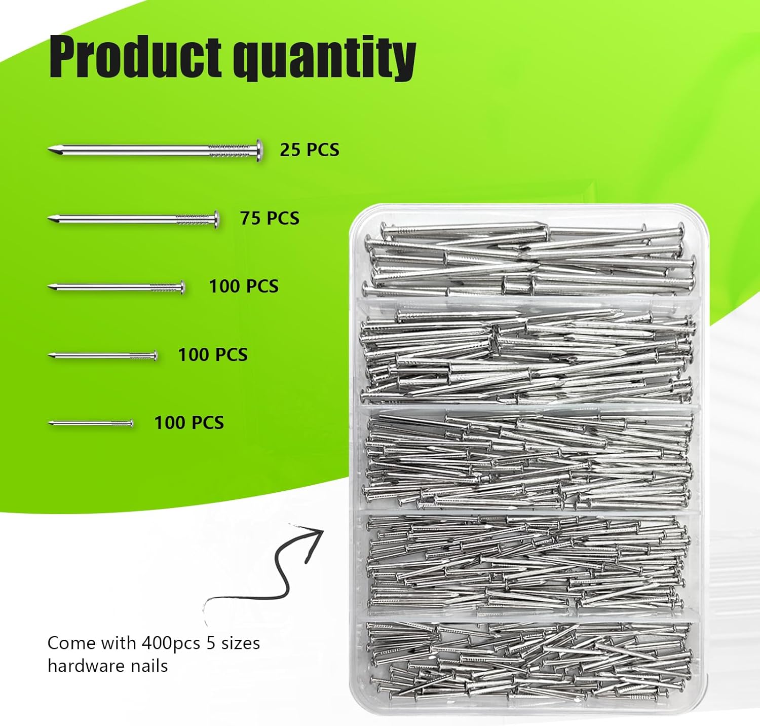 BDS-HOME 400Pcs Picture Hanging Nails, Small Nails for Hanging Pictures Hardware Picture Hangers Assortment Kit 5 Sizes Wall Nails for Home, Office DIY Art Works Frame Hanging