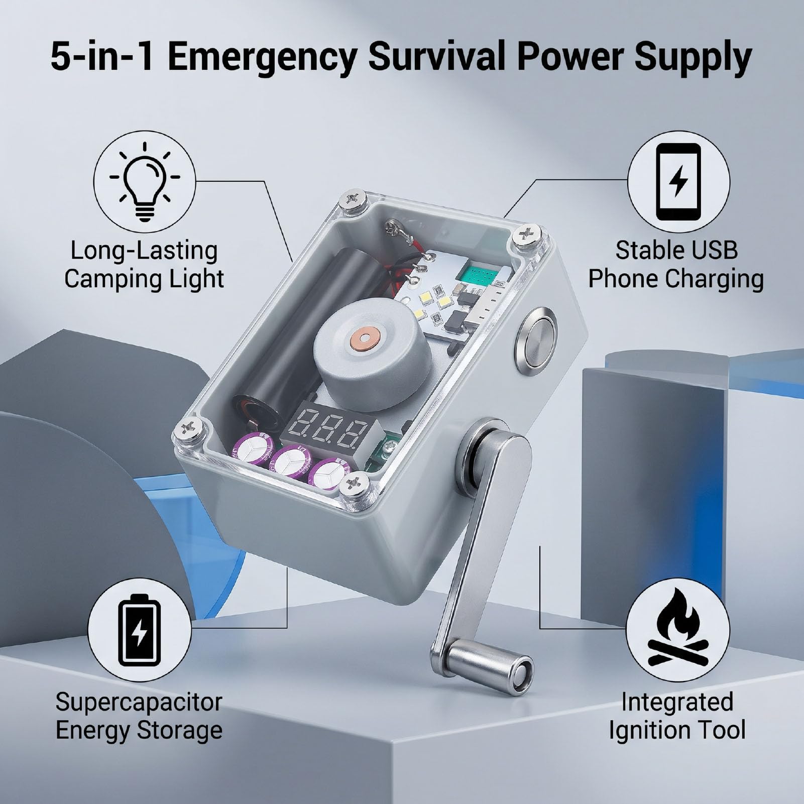 Sopravvivenza Al Generatore a Manovella di Emergenza 5 in 1 | con Memoria Supercondensatore Caricatore USB COB Luce da Campeggio e Strumento di Accensione per Interruzione di Corrente