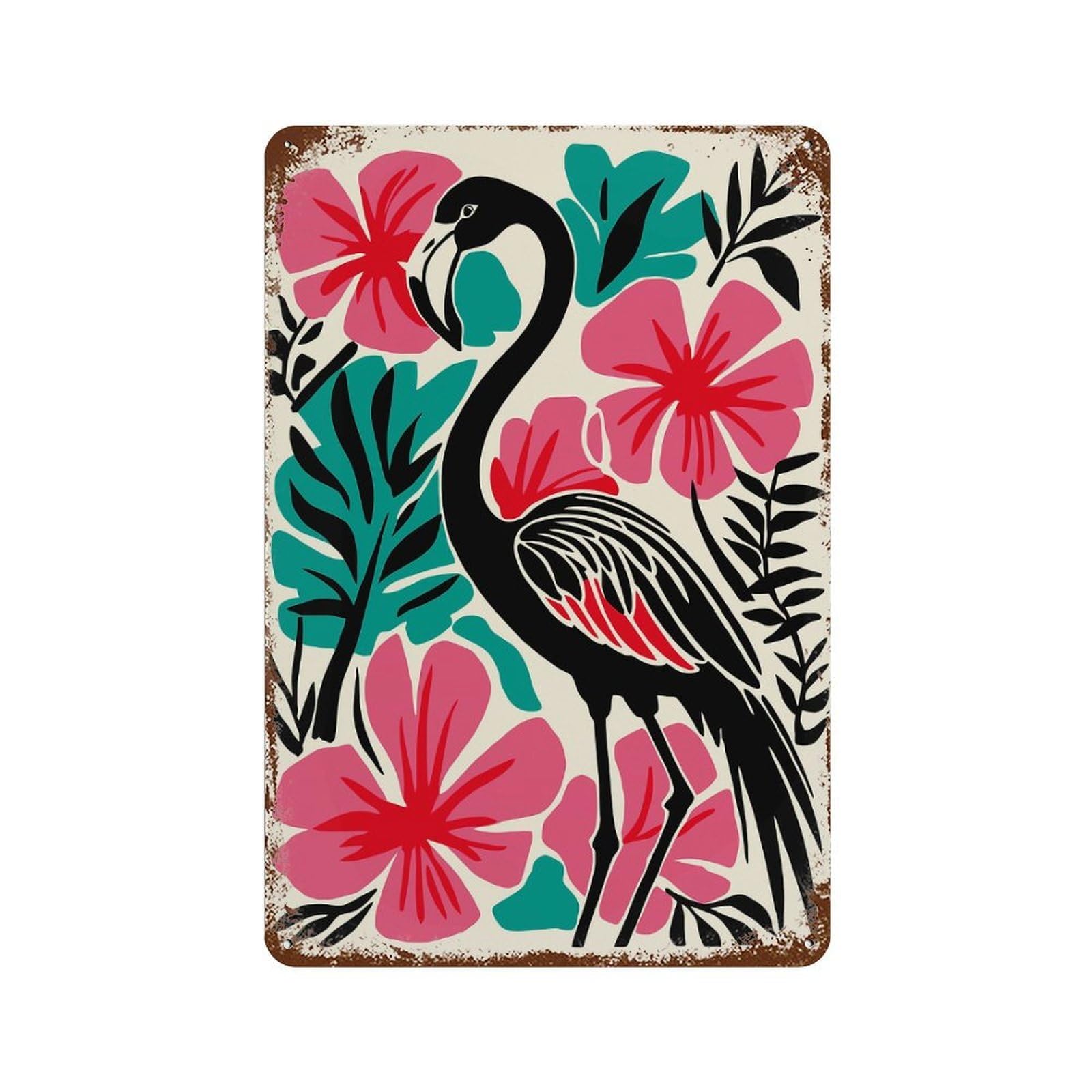 Stylized Flamingo with Tropical Floral Background Decorative Tin Sign 11.8"x7.9", Vintage Wall Decor for Basement, Hobby Room And Garage Decor