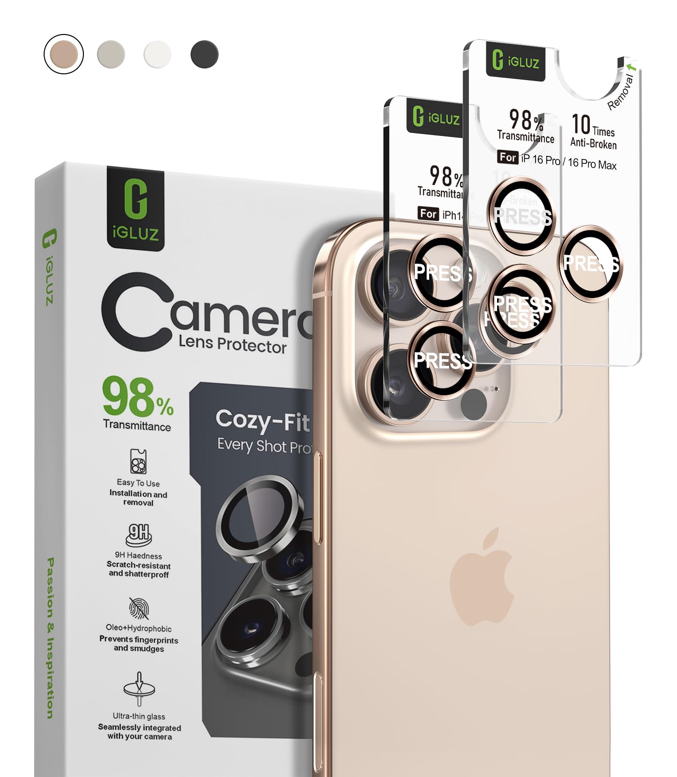 iGluz Paquete de 2 protectores de lente de cámara antirreflejos para iPhone 16 Pro/iPhone 16 Pro Max [revestimiento antivaho] [ban