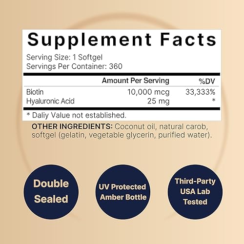 Miniatura 2 de Biotin 10000mcg + ácido hialurónico 25mg | 360 cápsulas blandas de aceite de coco, vitaminas de biotina premium para cabello, piel y uñas, altamente