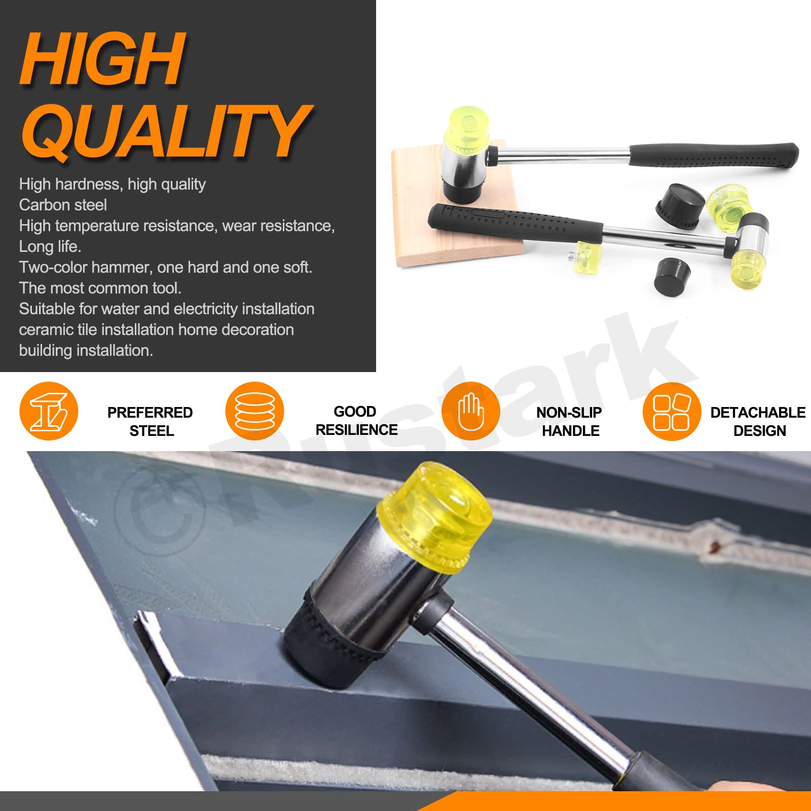 Rustark 6Pcs 2 Pack 25mm 35mm Double Faced Plastic and Rubber Hammer Mallet Set Double Head Small Mallet Jewelry Hammer W 4Pcs Replacement Heads Nylon Hammer Tool for Jewelry Leather Crafts Flooring - Image 3