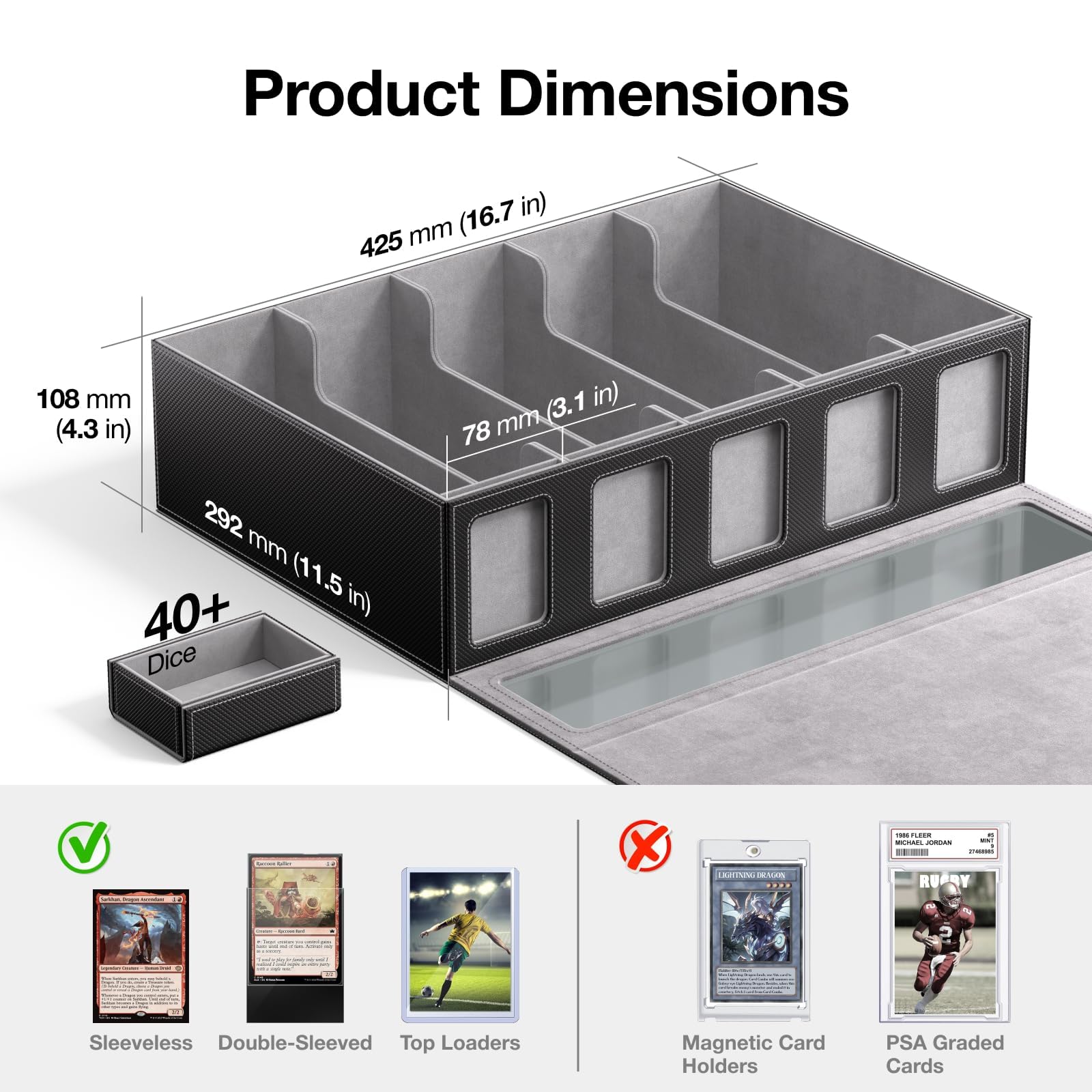 Kartenkoffer für Trading Cards mit Griff & mechanischem Drehverschluss, 5-reihige Box für 3900+ Karten, versiegeltes Sichtfenster, Deck Box Toploader Organizer für MTG Sportkarten (Schwarz, 5 Reihen)
