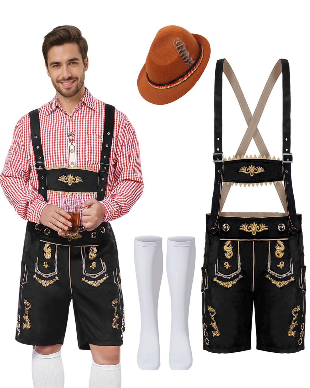 Strój męski na Oktoberfest, bawarski tradycyjny strój męski na Oktoberfest z tradycyjnymi skórzanymi spodniami, kapeluszem i skarpetkami na karnawałową imprezę cosplay (Czarny, L)