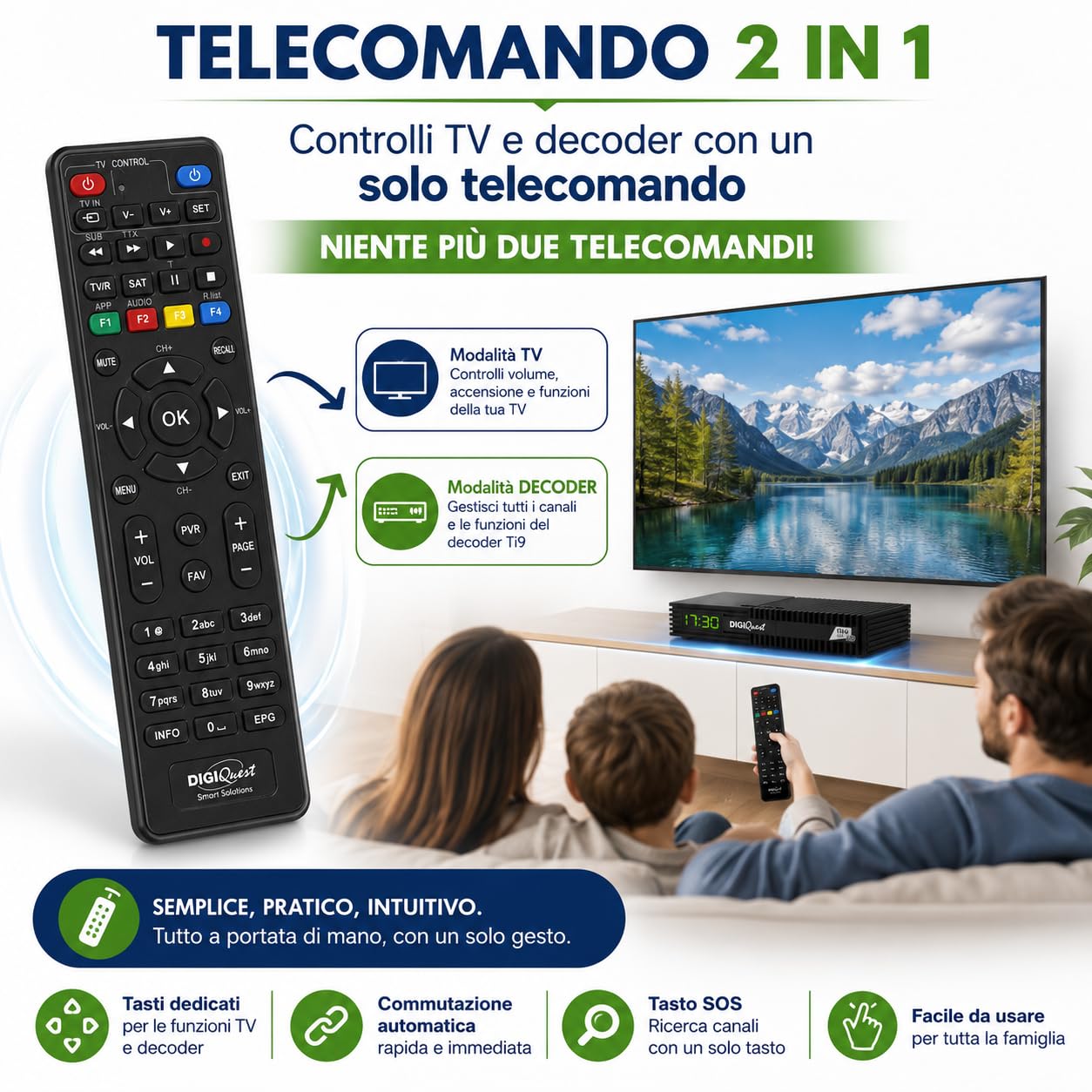 DIGIQUEST Decoder Tivùsat Ti9, DVB-S2 | CAVO HDMI INCLUSO | AUTO INSTALLANTE | Smartcard Tivùsat inclusa | DVB-T2 HEVC Main 10 | Registrazione attivabile | Merlin