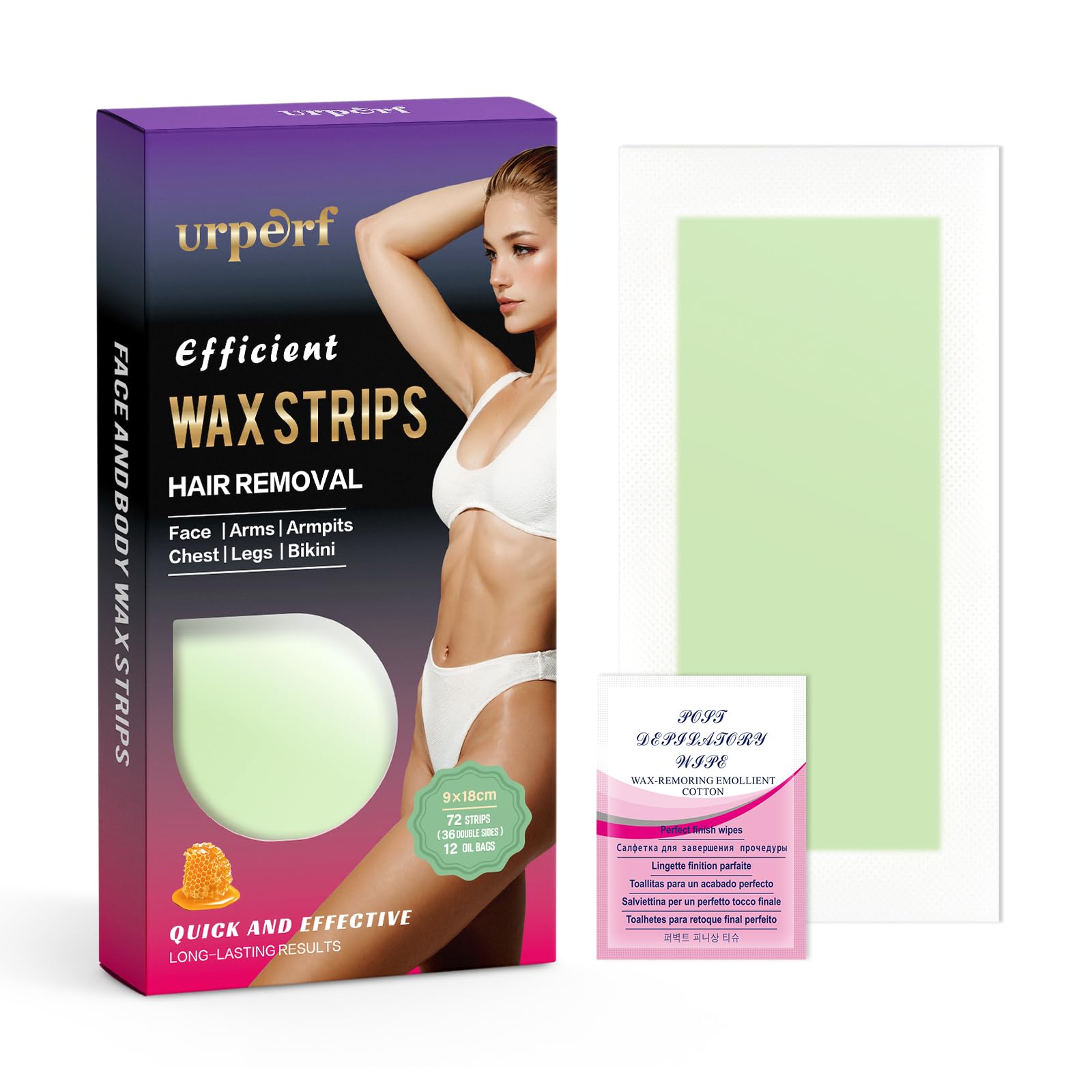 Wax Strips Hair Removal for Body Bikini & Brazilian Waxing Strips 72 Count with 12 Calming Oil Wipes Ready to Use Wax Strips for Men and Women - Green Strips