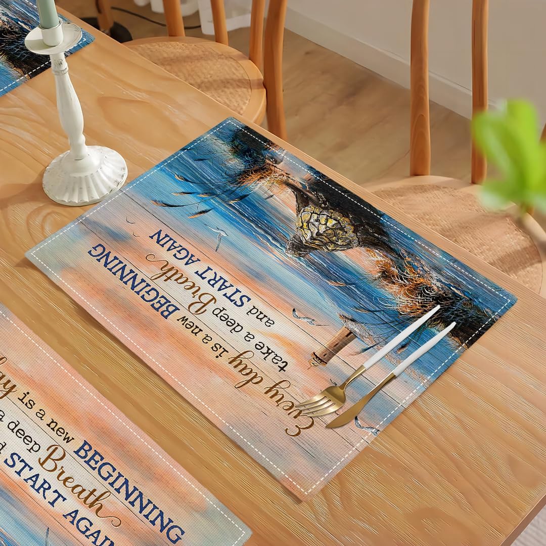 Sea Turtle Beach Summer Placemats Set of 6 Coastal Lighthouse Nautical Inspirational Quotes Double-Sided Table Mats for Dining Room Home Party Indoor 6 PCS 12x18 Inch