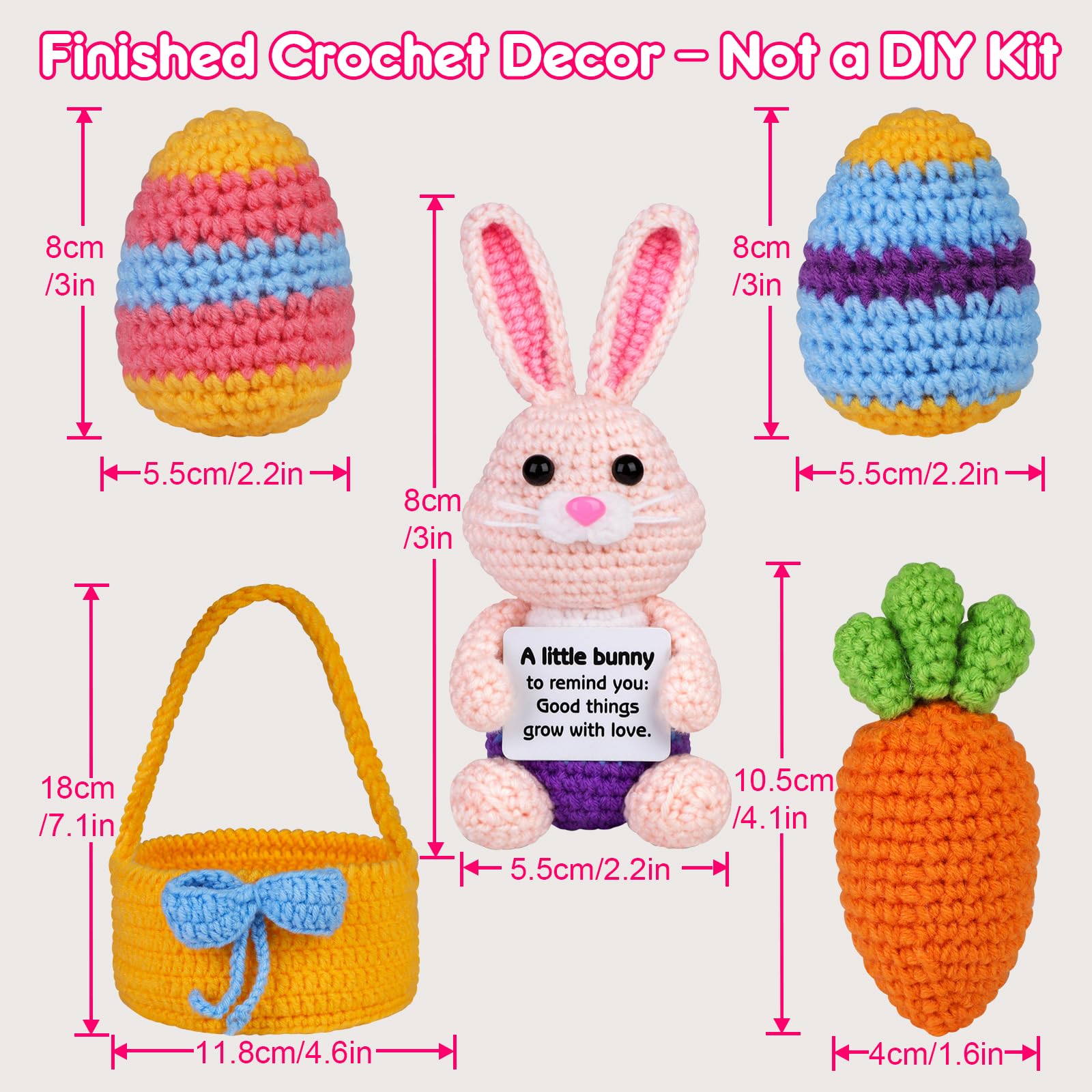 5 Pcs Finished Easter Positive Crochet Animals for Teen Girls & Adults Women, Handmade Filled Easter Basket with Crochet Bunny, Carrot, 2 Eggs, Easter Decoration Gifts Prefilled with Animal Stuffers