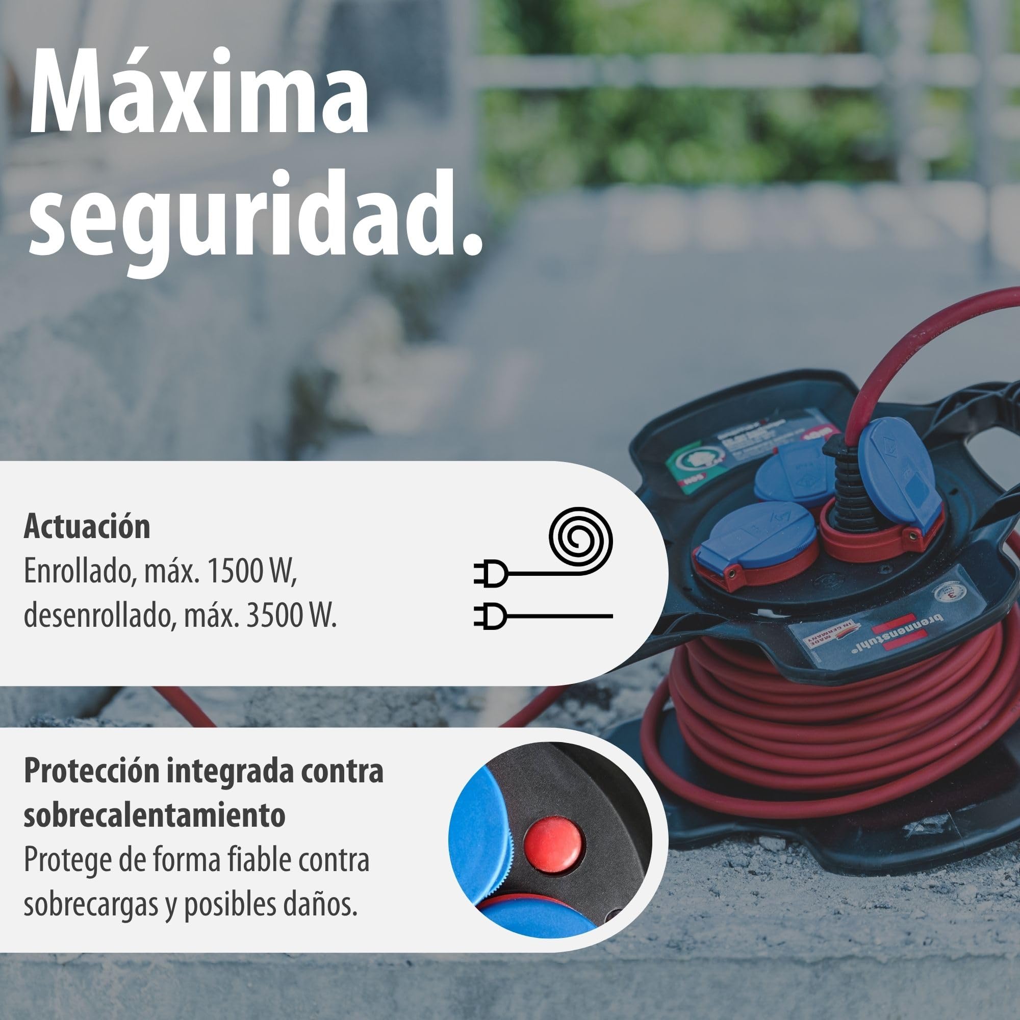 Brennenstuhl enrollacables X-Gum con 3 tomas de corriente, alargador enrollable de cable 10 m (uso en exteriores, irrompible, fabricado en alemania)