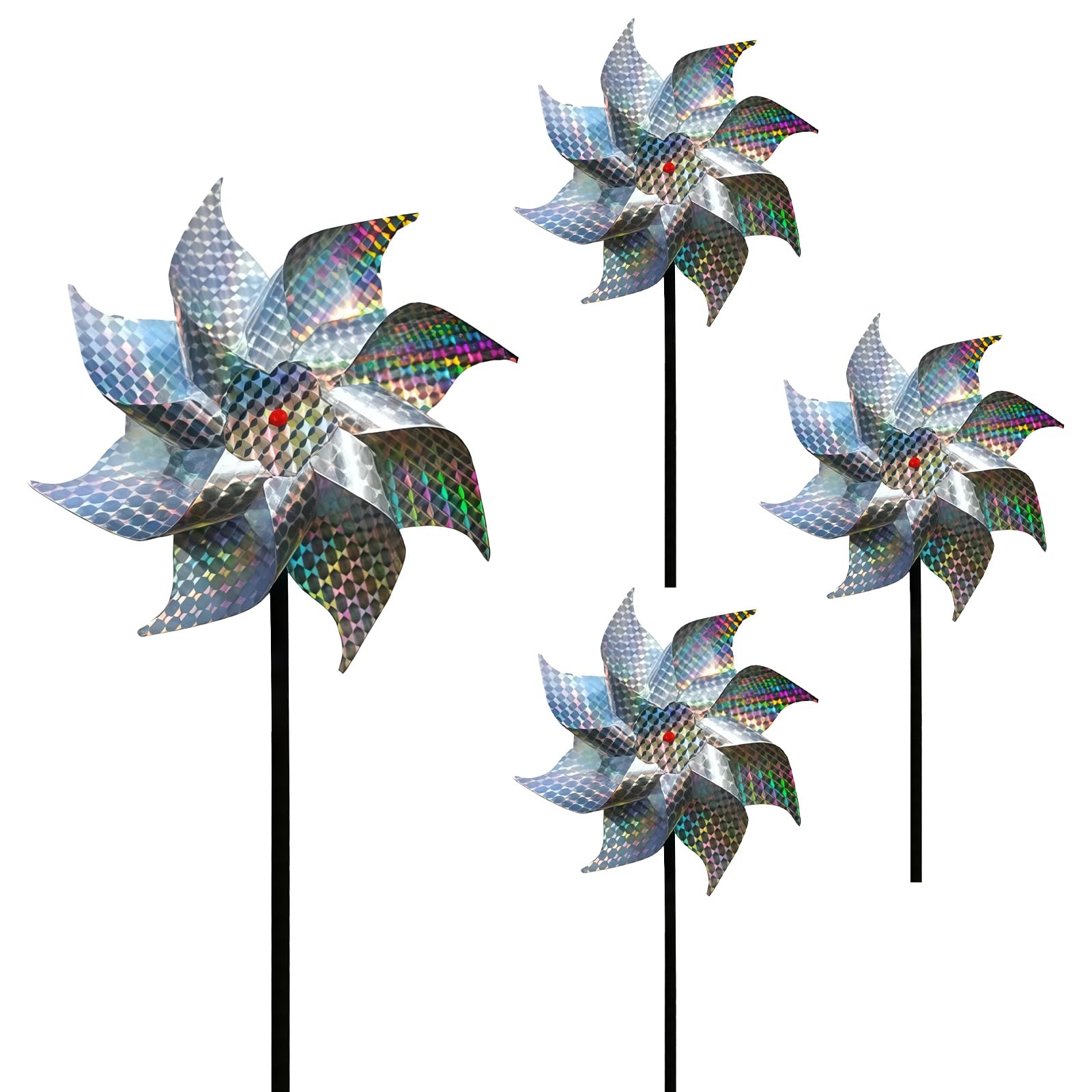 4 Pack Reflective Bird Deterrent Spinners, Windmill Pinwheels - Wind Driven Scare Devices for Garden, Yard, Farm to Protect Windows, Trees, Crops from Birds