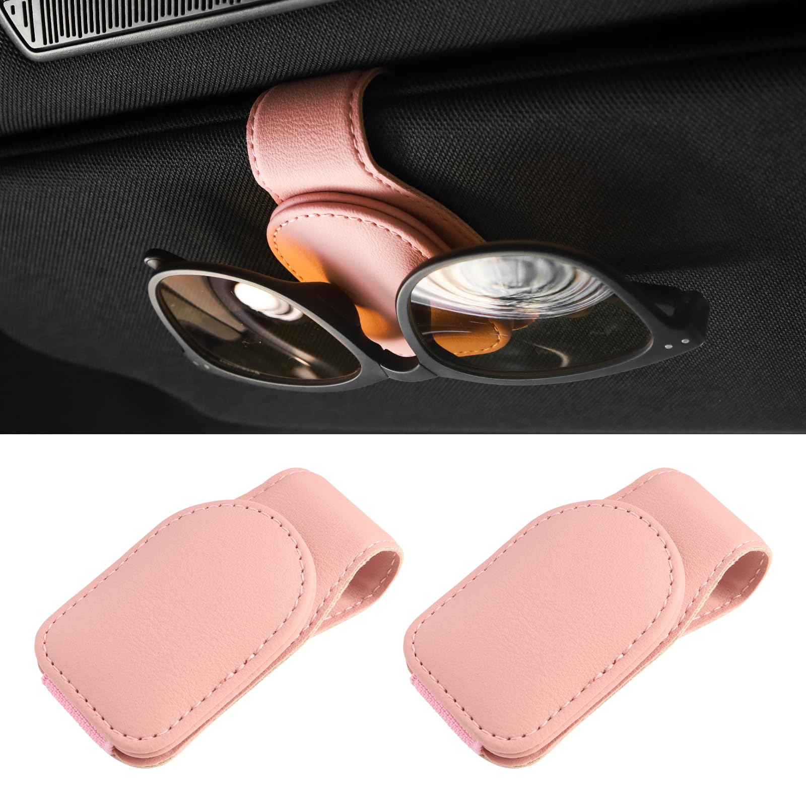 Duhome Sunglasses Holders for Car Sun Visor, Magnetic Leather Glasses Eyeglass Hanger Clip for Car, Ticket Card Clip Eyeglasses Mount, Car Visor Accessories (2PCS,Pink)