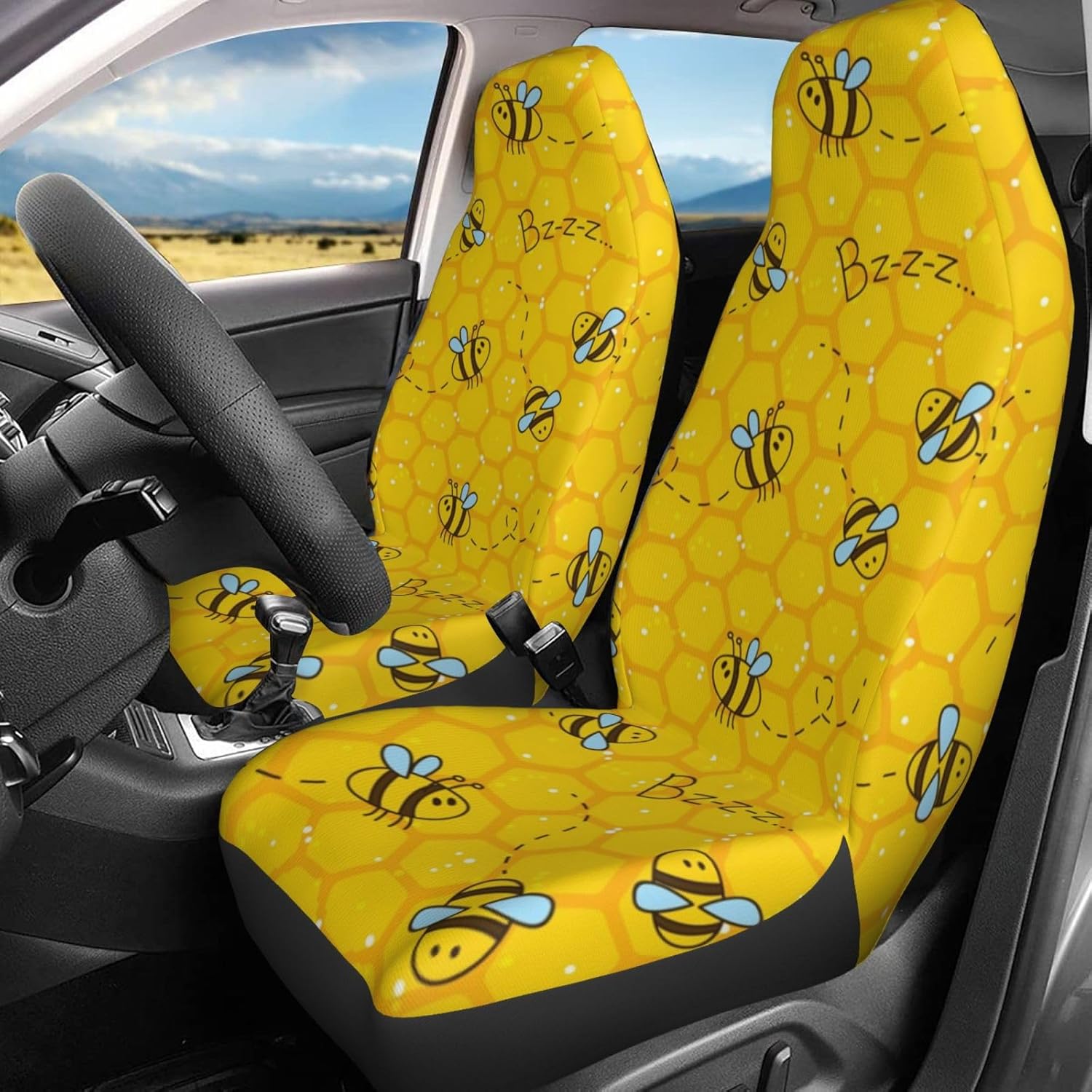 Cute Yellow Bee Car Seat Covers Set 2 Pcs Auto Interior Car Accessories Protetors Car Mat Covers Universal Fit Most Car SUV Van Truck Vehicle
