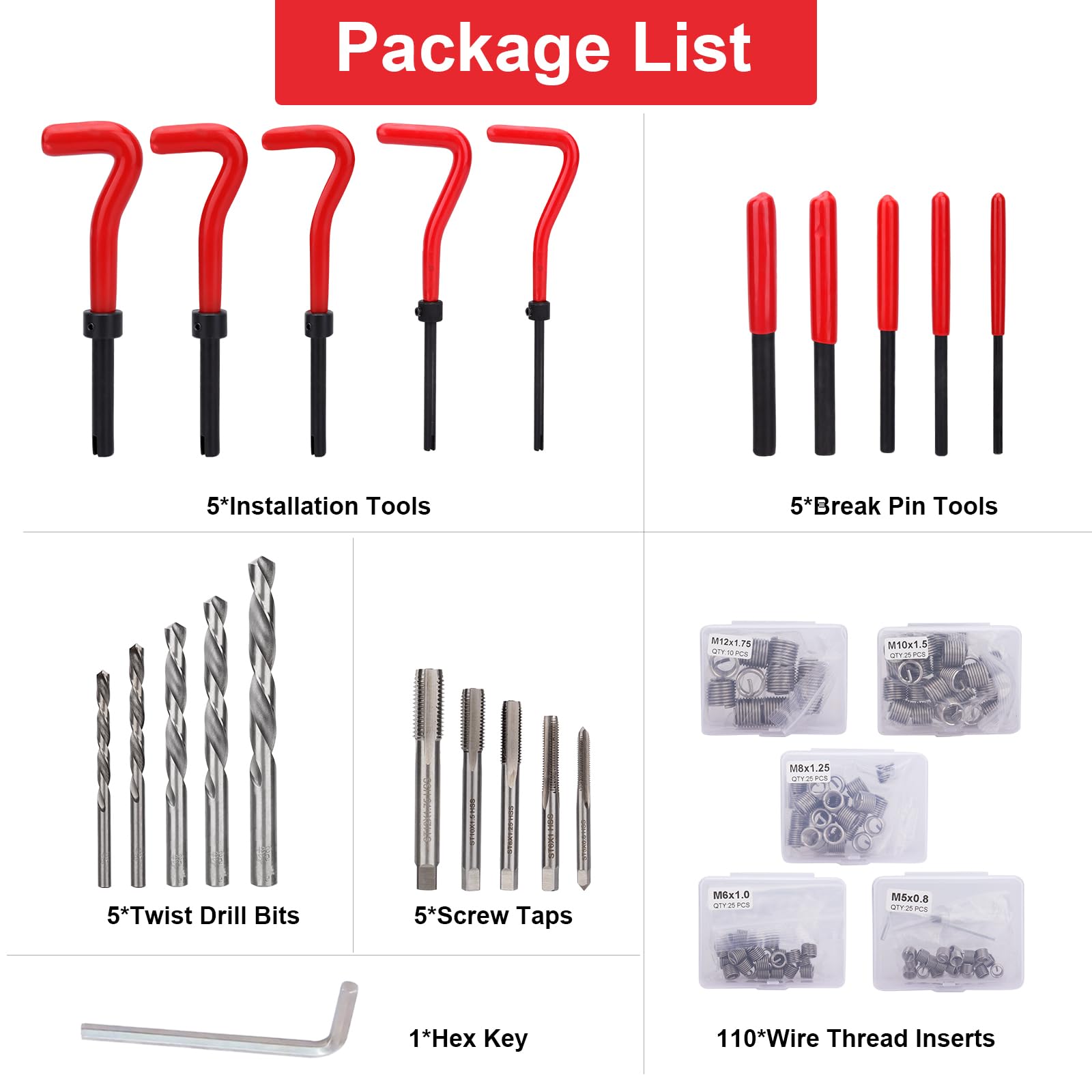131 Pezzi Kit Riparazione di Filetti Kit Riparazione Filettatura,Kit di Riparazione per Trapano Helicoil Metrico M5 M6 M8 M10 M12,Kit di Riparazione per Viti e Filettatura Interna