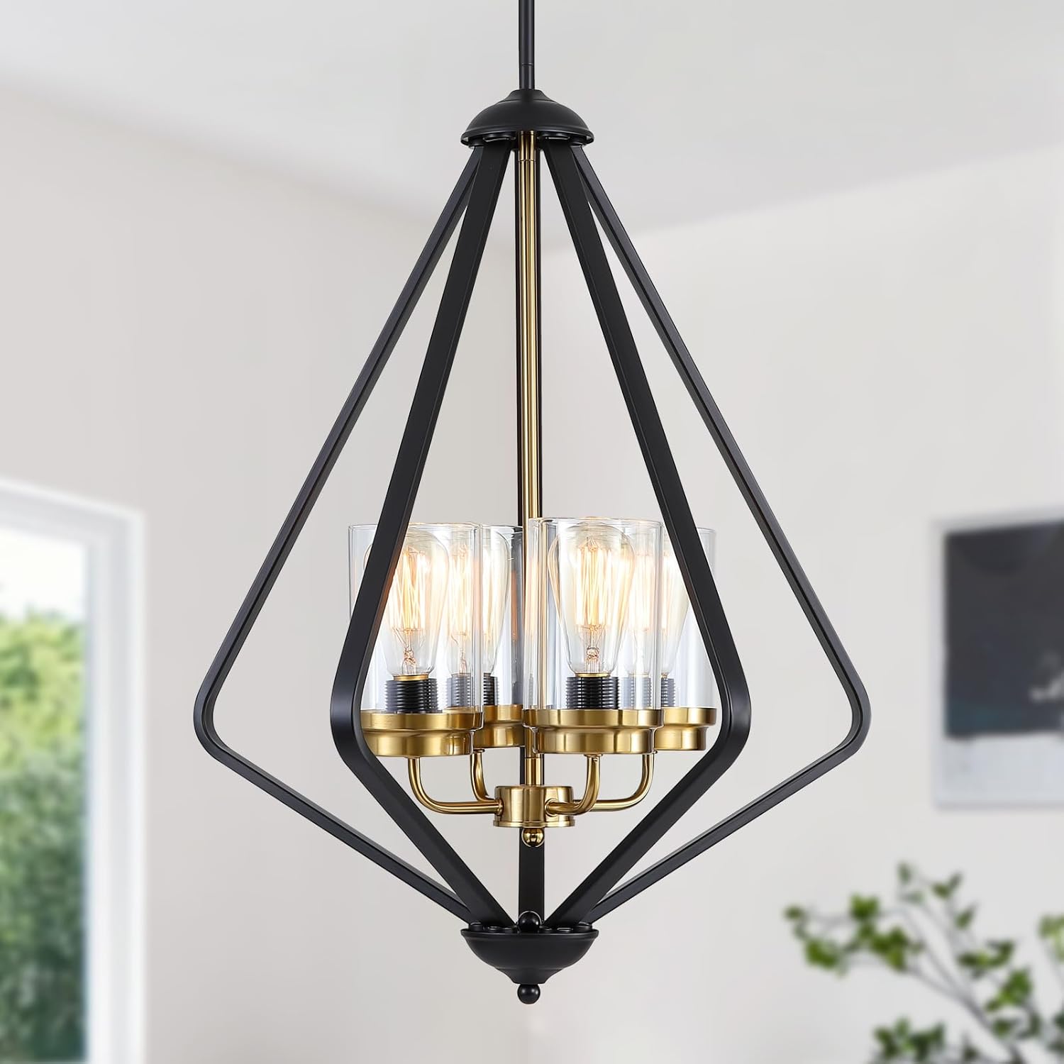 Black and Gold Chandelier for Dining Room,4-Lights 21.26'' Geometric Large Kitchen Island Pendant Light, Modern Industrial Adjustable Hanging Ceiling Lamp with Glass Shade for Living Room,Foyer