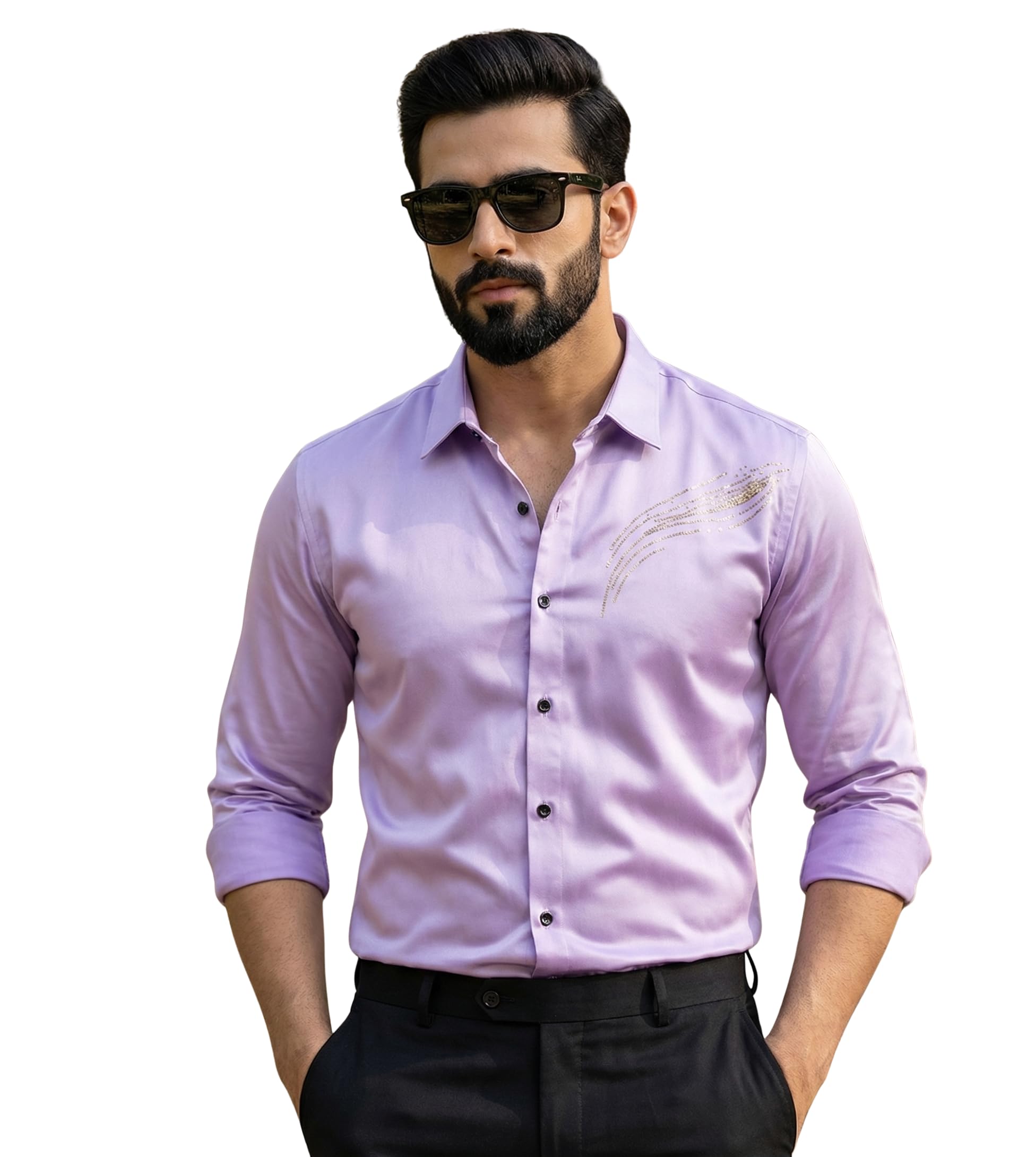 IndoPrimo Elegante camisa de satén para hombre, corte normal, estilo casual, estilo de diseñador, trabajo de piedra, fiesta, manga formal