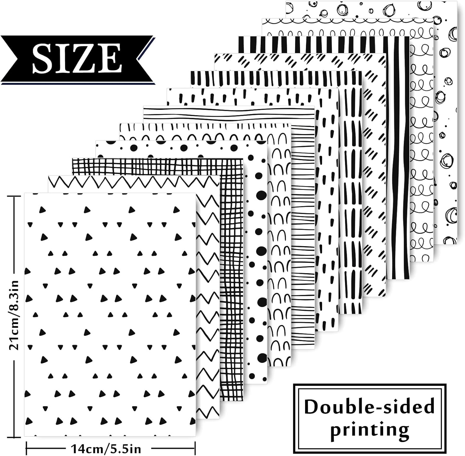 Whaline 60 Sheet Black & White Doodle Pattern Paper A5 Size Hand Drawn Squiggles and Dots Scrapbook Paper Double-Sided Minimalist Craft Paper Folded Flat for DIY Card Making Supplies, 12 Designs