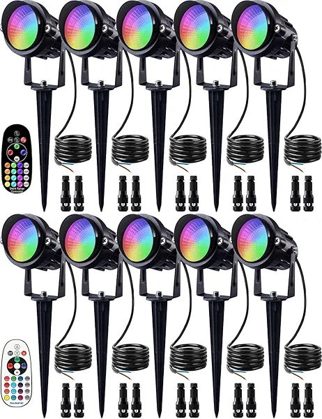 SUNVIE 12W Halloween Low Voltage Landscape Lighting RGB Color Changing LED Landscape Lights Remote Control Waterproof Garden Patio Spotlight Decoration for Outdoor Indoor(10 Pack with Connector)