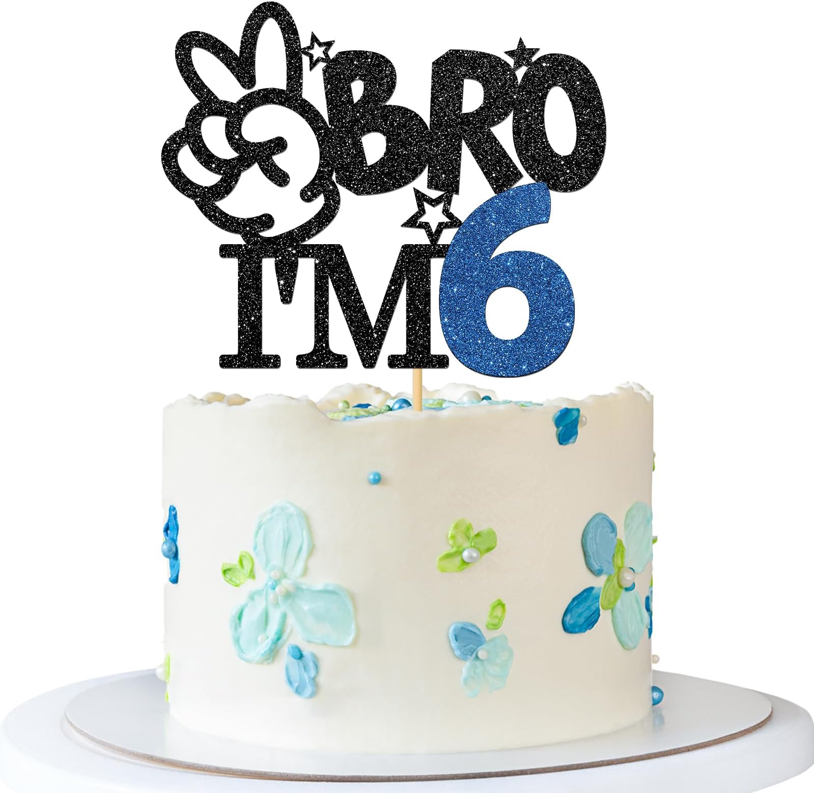Brother I'm 6 Cake Topper - Boy 6th Birthday Cake Supplies - Six Years Old - Big Brother 6th Birthday Party Decoration - Black Glitter