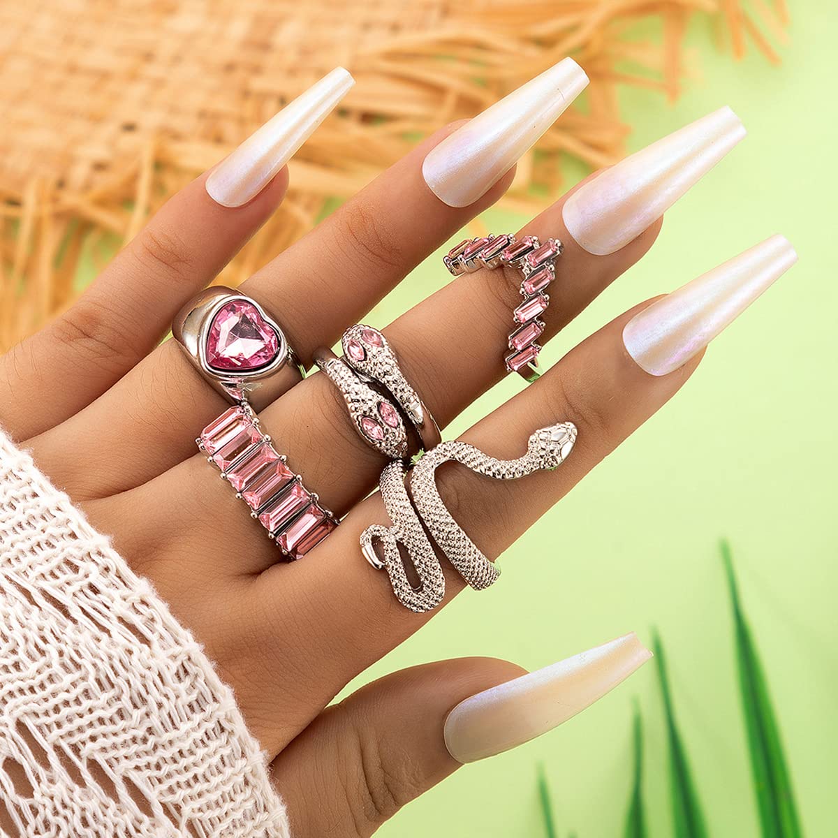 5-Piece Pink Stone Heart-Snake Stackable Rings Set