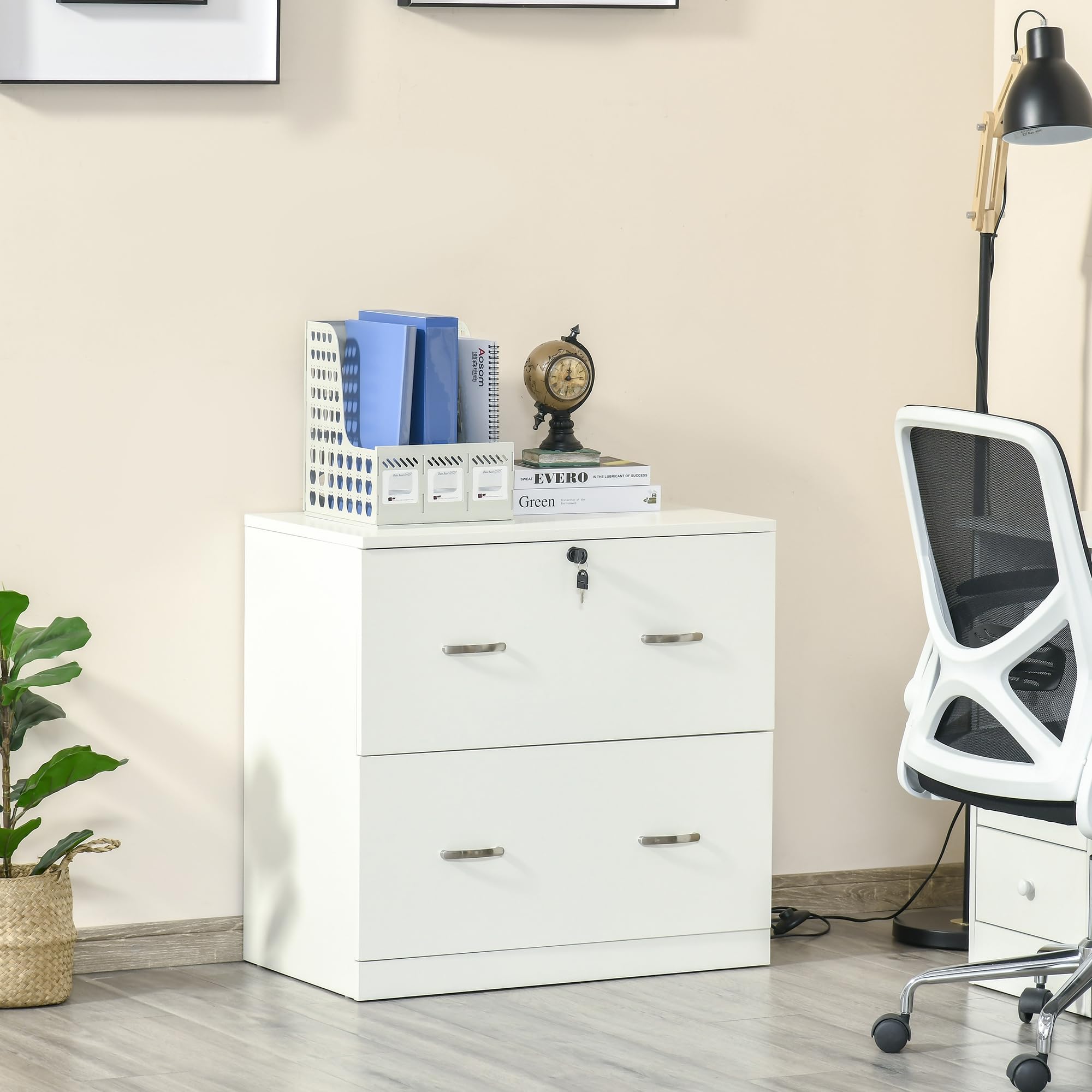Vinsetto Cajonera de Escritorio con 2 Cajones Cajonera de Oficina con Guías para Carpetas Colgantes para A4 Cerradura y 2 Llaves para Estudio Salón 74x42x72 cm Blanco