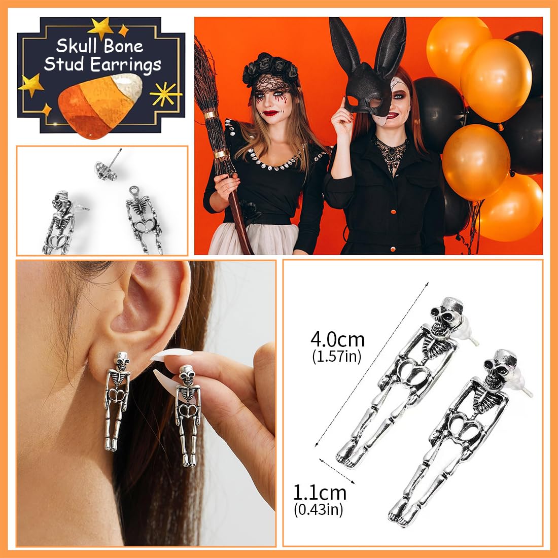 JEYORZY 1 par de pendientes de Halloween esqueleto para hombre, pendientes góticos punk, pendientes de calavera largos, pendientes de calavera para hombre y mujer