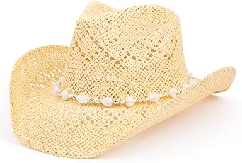 TOVOSO Western Cowgirl Hat, Straw Cowboy Hat for Women with Shapeable Brim, Beaded Hearts Trim, Shapeable Cowboy Hat