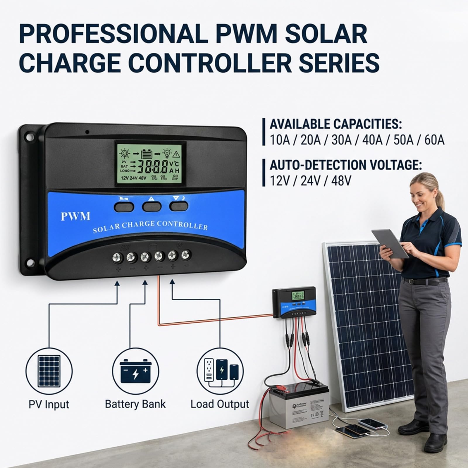 Régulateur d'énergie solaire avec sortie USB et installation facile, 60 A