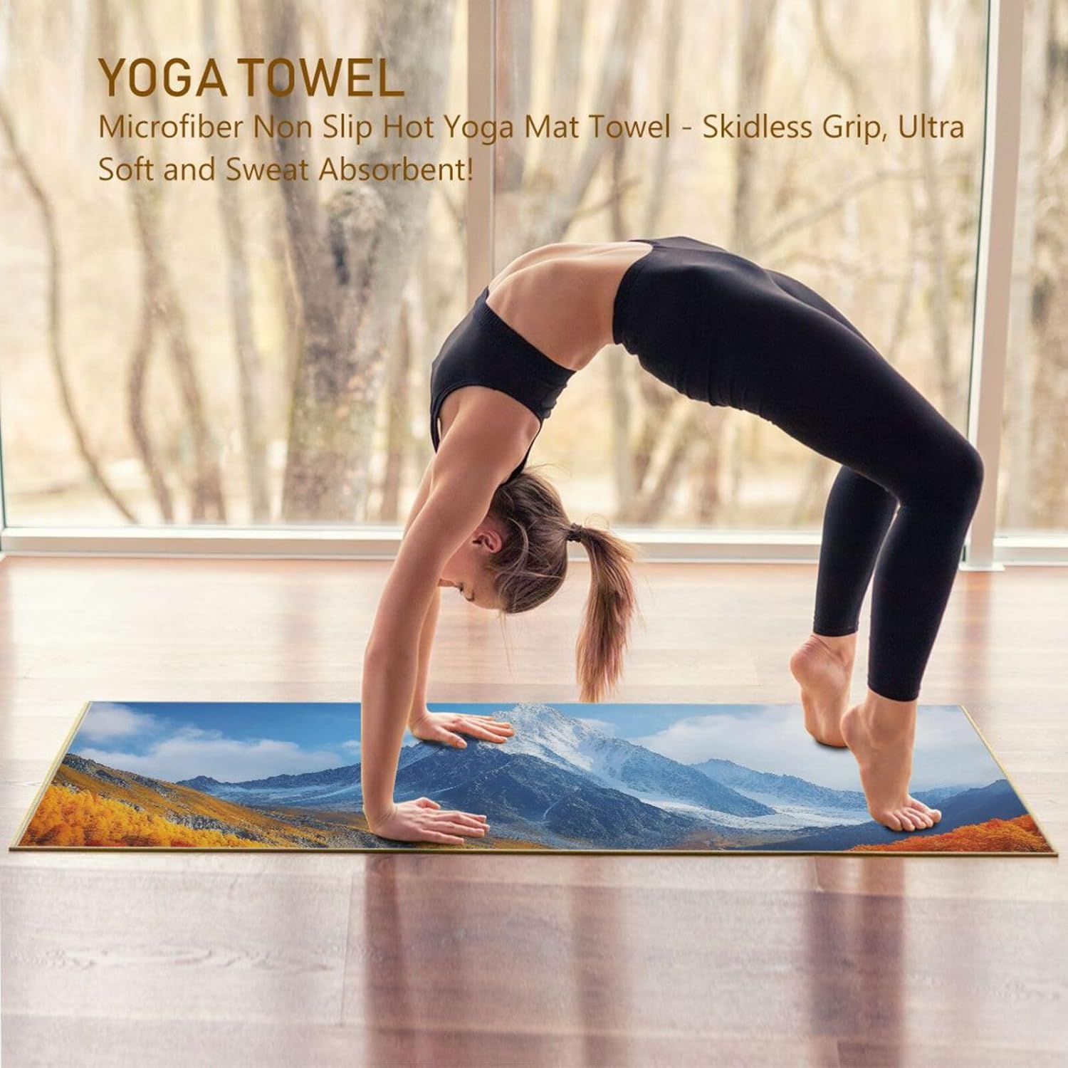 Yoga Mat Towel with Silicone Grip Dot Landscape Autumn Forest – 73"x27" Non-Slip Sweat Absorbent Microfiber Yoga Towel for Home Gym Studio