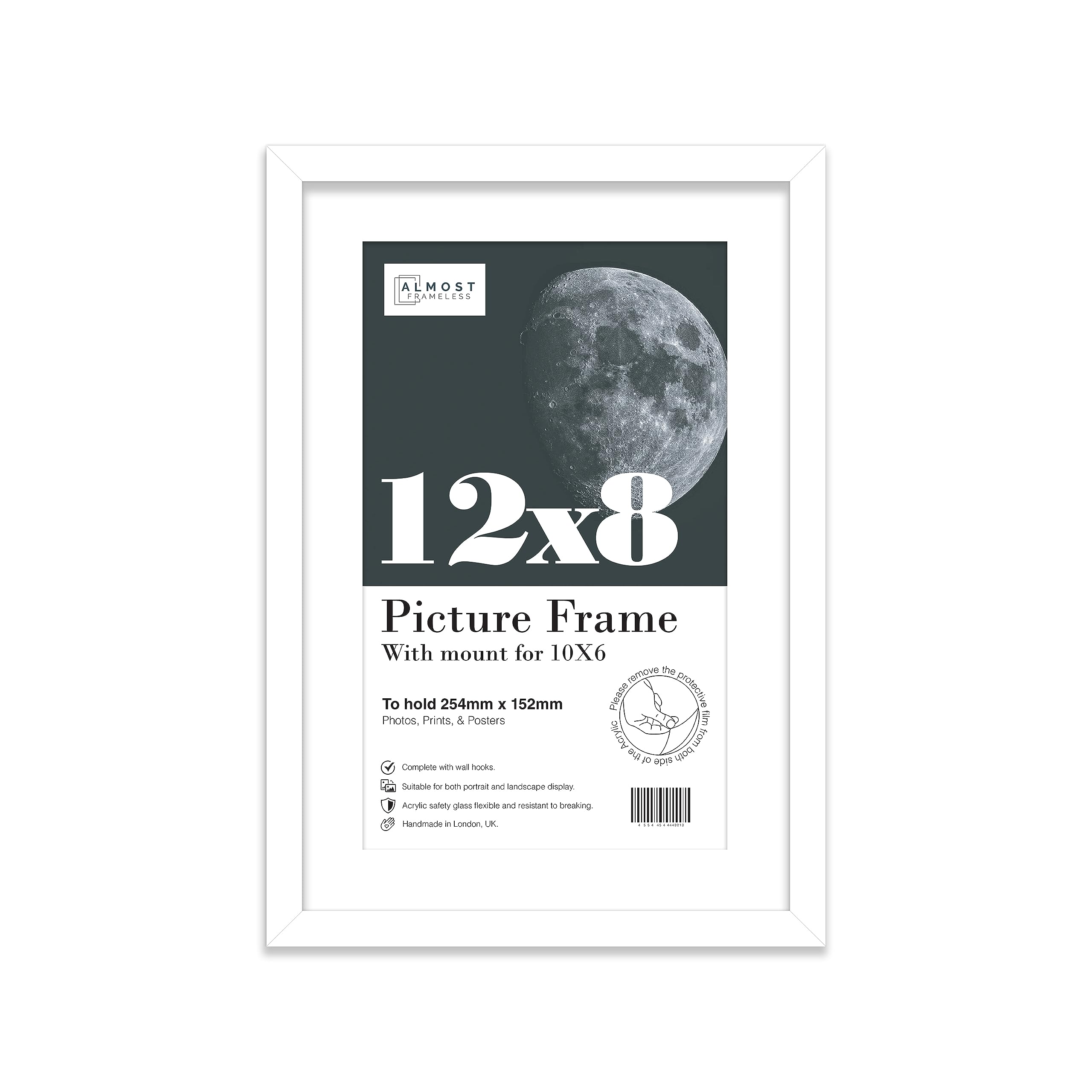 Almost Frameless 12x8 White Picture Frame With Mount for 10x6 Print, Poster or Photo Poster, Photo, Artwork, or Print. Thin Edge Slim Frame Portrait and Landscape Display with Wall Hooks โ image 1