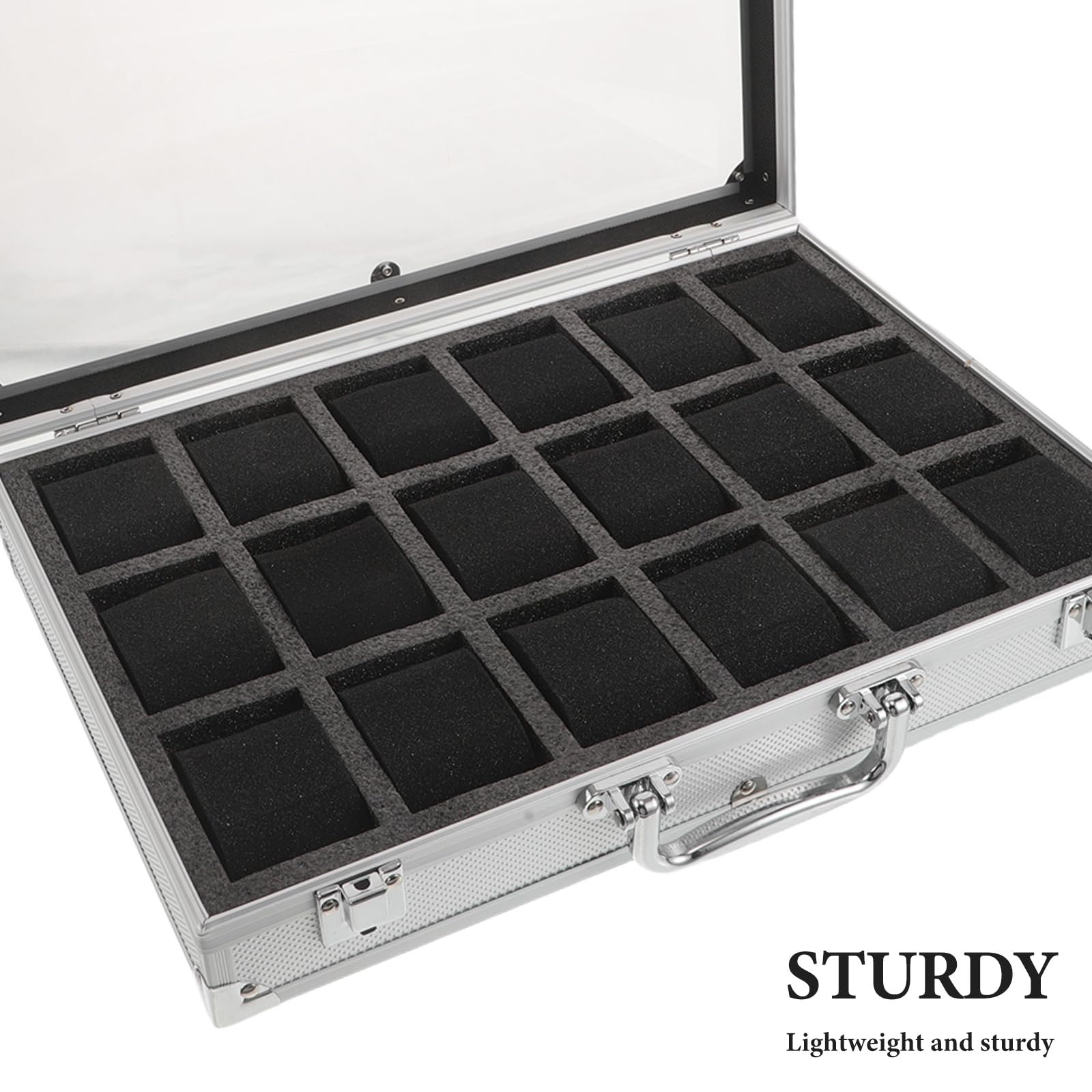 Twardy organizer na zegarki, 18 przegródek, aluminiowa teczka z wyściełanym wnętrzem i bezpiecznym zamknięciem, ochronna obudowa ekspozycyjna 15x11x3 cale