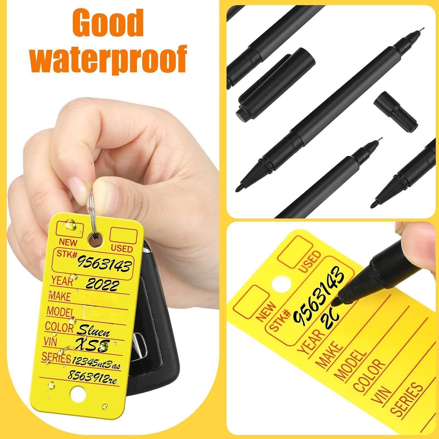 Gersoniel 500 Pcs Key Tags with Labels Car Dealership Key Tags with Rings Blank Shop Labels and 4 Pens for Office Car Shop Automotive Supplies(Yellow)