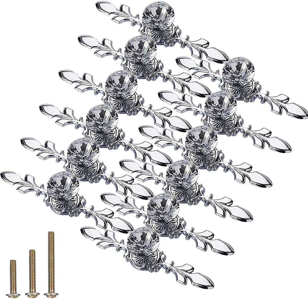 Drawer Dresser Knobs Pull Handles, 12 Pack Diamond Clear Crystal Glass Decorative Knobs with Plate,Cabinet Cupboard Door Knobs with Screws for Kitchen Office (12 Pack, Large, Silver)