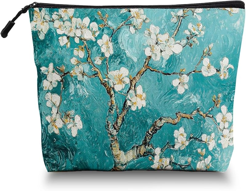 Necessaire de maquiagem Scribesense com zíper, estampa floral, 24,0 cm x 17,0 cm x 2,5 cm, branca com flores amendoadas e fundo azul