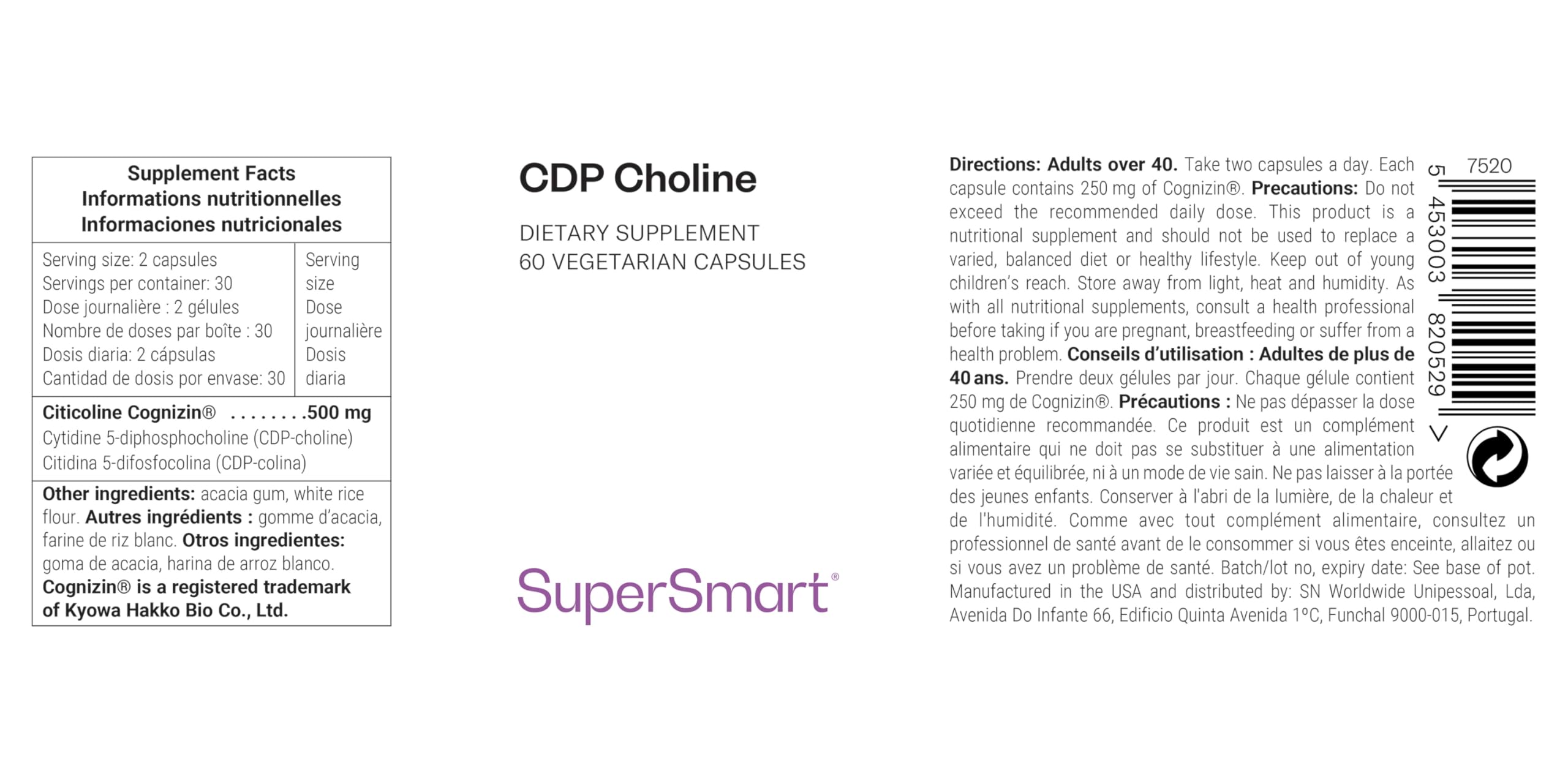 CDP Colina - Ayuda al Funcionamiento Normal del Sistema Nervioso - Colina Patentada - Fórmula de Biodisponibilidad Óptima - Dosis Potente - Vegano - SuperSmart