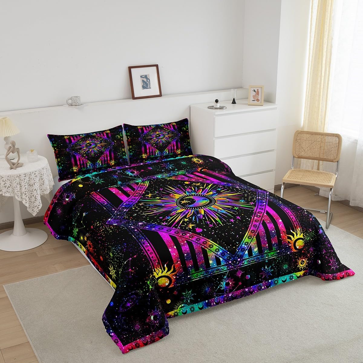 Erosebridal Sun and Moon Comforter Set Queen, Rainbow Tie Dye Bedding Sets Psychedelic Hippie Trippy Galaxy Duvet Sets Celestial Astrology Down Comforter Cosmic Constellation Zodiac Duvet Insert, 3Pcs