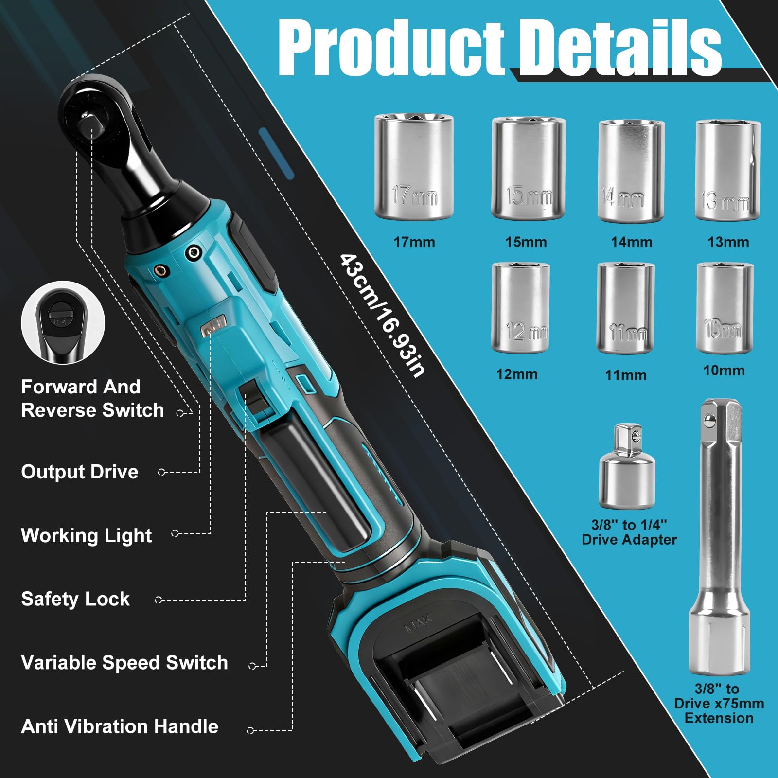 Llave de carraca 3/8" a batería para Makita 18V (sin batería) | 80 Nm, Carraca Eléctrica sin Escobillas, Adaptador 1/4", Barra de Extensión y 7 Llaves