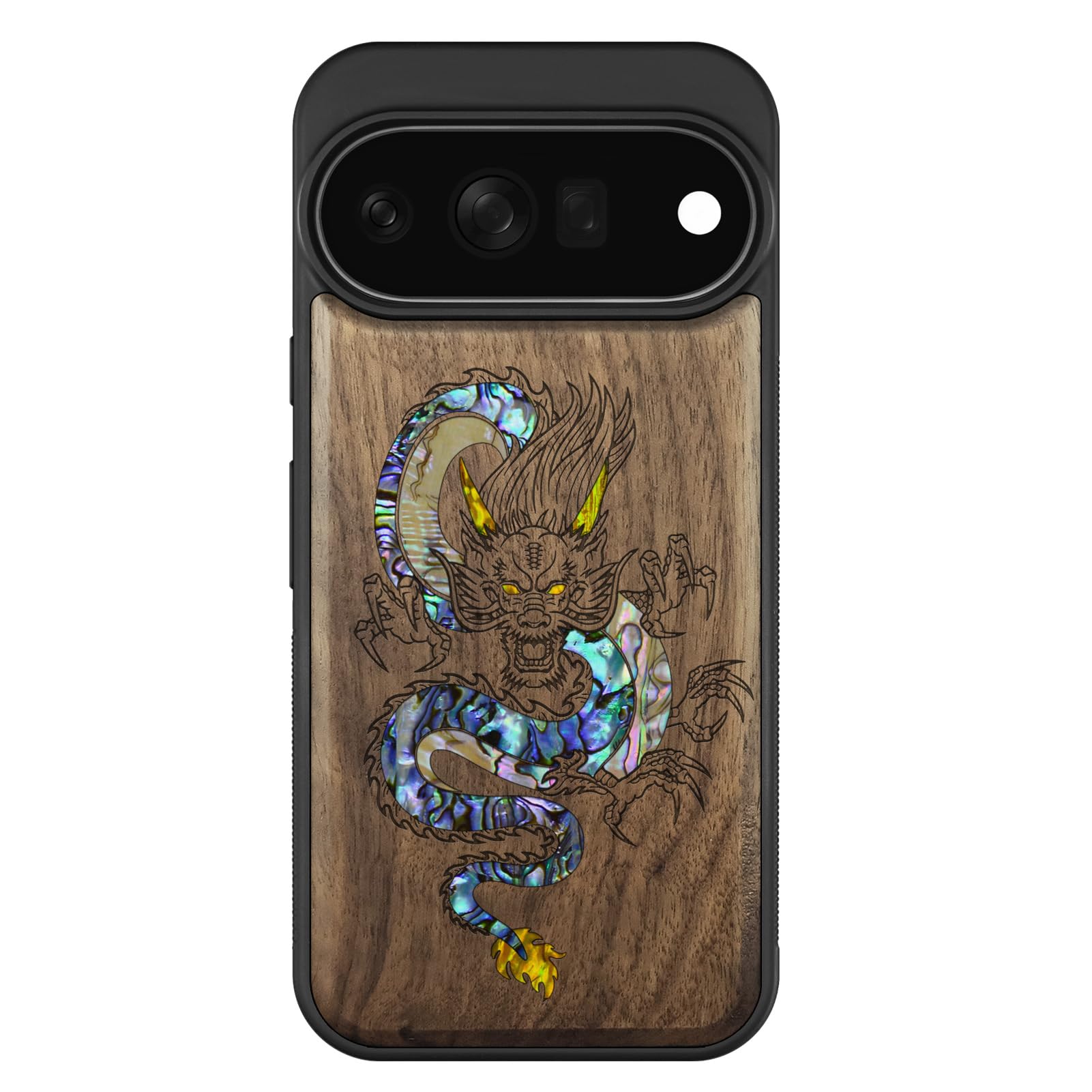 Carveit Madera Funda para Pixel 11 Pro XL (Nogal-El dragón Oriental)
