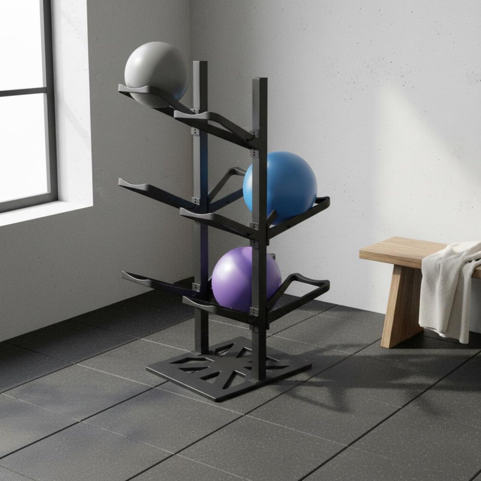 Estante de Balones Organizador Soporte de Pelotas Torre de Almacenamiento Carro de Balones Acero y Resistente con Base Estable y Ganchos Laterales Adecuado para Hogar Garaje Sala de Juegos