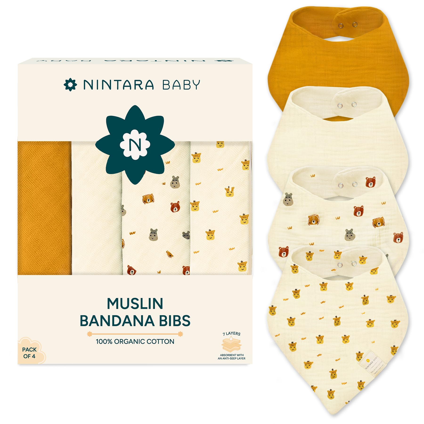 NINTARABABY Bandana Bibs – 100% Organic Muslin Cotton, 7-Layer Absorbent for Drooling, Teething & Feeding, Soft & Hypoallergenic, Adjustable Snap Buttons, Reversible, Baby Gift Ages 0–3, Pack of 4