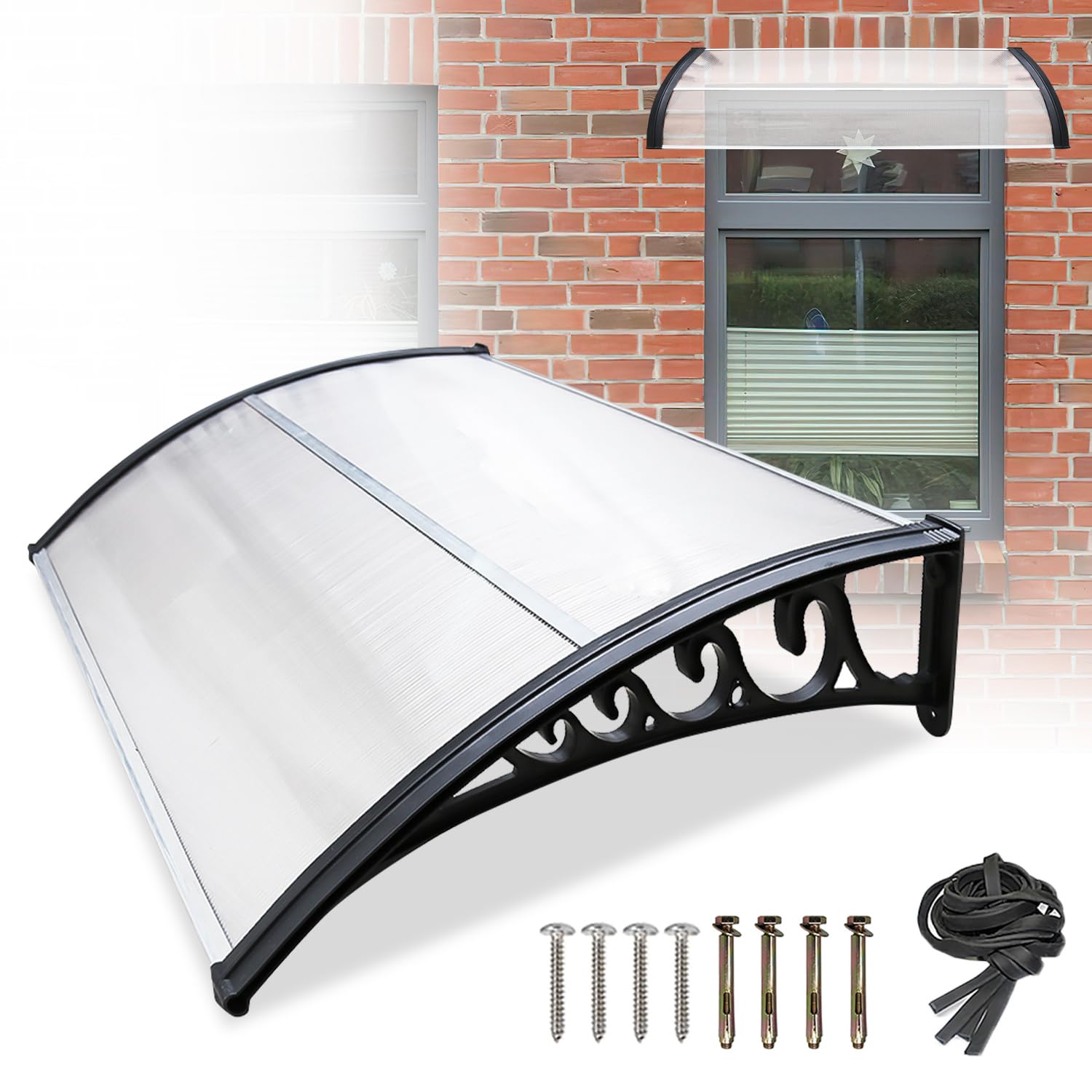 𝗝𝗮𝘆𝘀𝗲𝘂𝘄 Vordach Haustür 150 x 100 cm, transparentes PC Haustür Vordach mit Aluminiumrahmen, Überdachung Balkon mit UV-Schutz, Regenschutz für Eingang, Balkon, Fenster, Terrasse